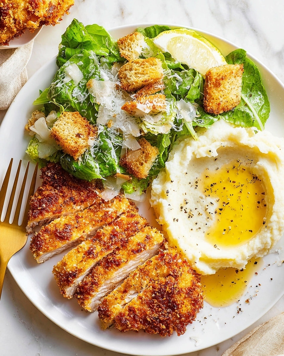 On a white plate placed on a white marbled surface, there is a sliced golden brown crispy breaded piece of chicken arranged neatly on the lower half. To its right, there is a smooth, creamy mound of mashed potatoes with a glossy pool of melted butter resting in the middle, sprinkled with black pepper. On the upper left section of the plate, there is a fresh green salad made of romaine lettuce leaves, topped with several golden crisp croutons and a light layer of grated cheese. A lemon wedge rests casually under the chicken near the plate’s edge. A gold fork is placed on the left side of the plate, partially lying on the salad. Photo taken with an iphone --ar 4:5 --v 7