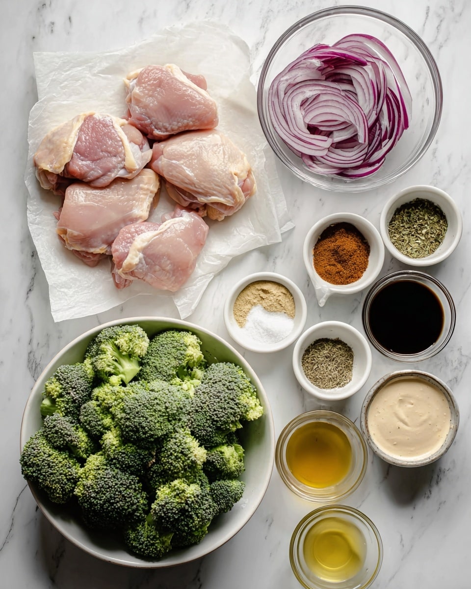 The image shows fresh raw chicken thighs placed on a piece of white parchment paper on a white marbled surface. Next to the chicken, a large white bowl is filled with bright green broccoli florets. Above the chicken and broccoli, there is a clear glass bowl containing thinly sliced purple-red onions. Several white bowls and clear small bowls hold various ingredients, including brown sugar, yellow oil, several different colored ground spices neatly arranged in sections in one bowl, a mix of dried herbs and salt in another bowl, a creamy beige sauce in a small white bowl, a light-colored thick sauce in a clear glass bowl, and two more clear bowls containing a golden liquid and a dark brown liquid. All elements are neatly arranged and photographed from above. photo taken with an iphone --ar 4:5 --v 7