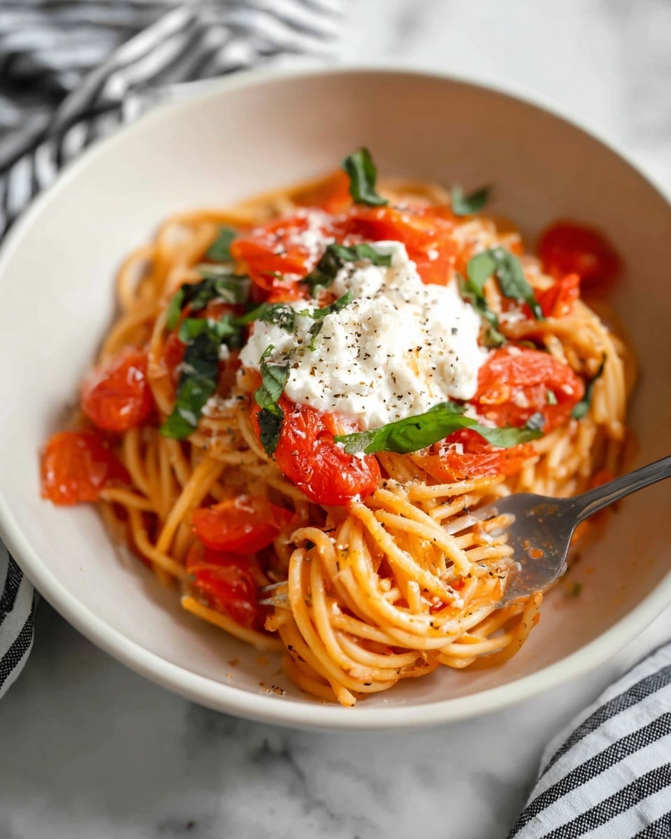 A white bowl holds a serving of spaghetti pasta twisted in a small mound, mixed with chunks of bright red tomatoes and fresh green basil leaves. On top, there is a dollop of white soft cheese sprinkled with black pepper and grated cheese, adding a creamy texture. A silver fork is placed at the side of the bowl, partially inserted in the spaghetti. The bowl sits on a white marbled surface, with a blurred striped cloth in the background. The colors are warm and inviting, with a close-up focus on the food. photo taken with an iphone --ar 4:5 --v 7