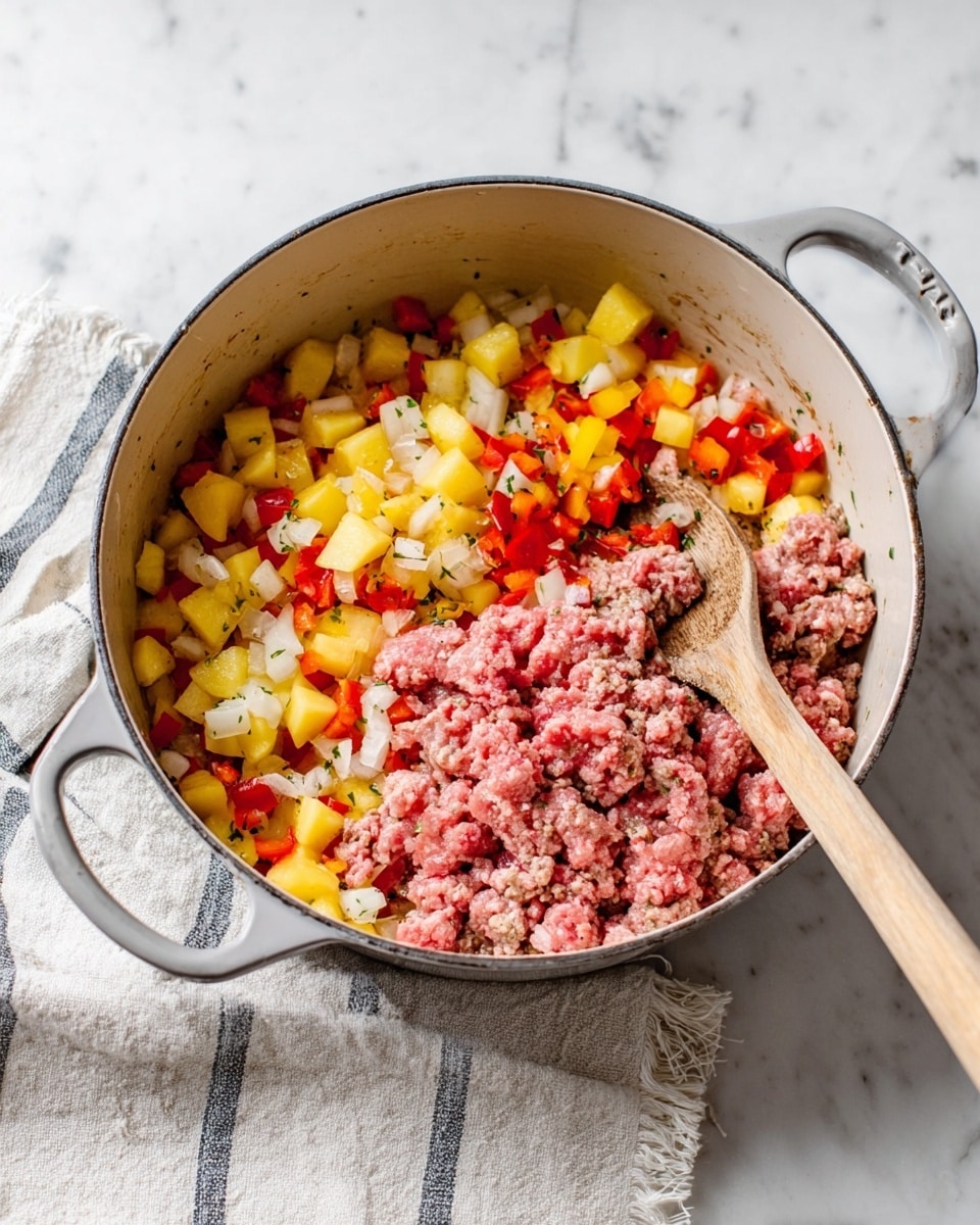 A round white pot with gray handles holds a mix of diced vegetables and raw ground meat. The vegetables include small cubes of yellow potatoes, red bell peppers, and white onions mostly positioned along the left and top sides of the pot. The raw ground meat, pink and slightly chunky, is mostly in the center and right side. A wooden spoon rests partially inside the pot on the right side, touching the cooked brown bits on the pot surface. The pot is placed on a white marbled surface with a striped cloth napkin with fringed edges beside it. Photo taken with an iphone --ar 4:5 --v 7