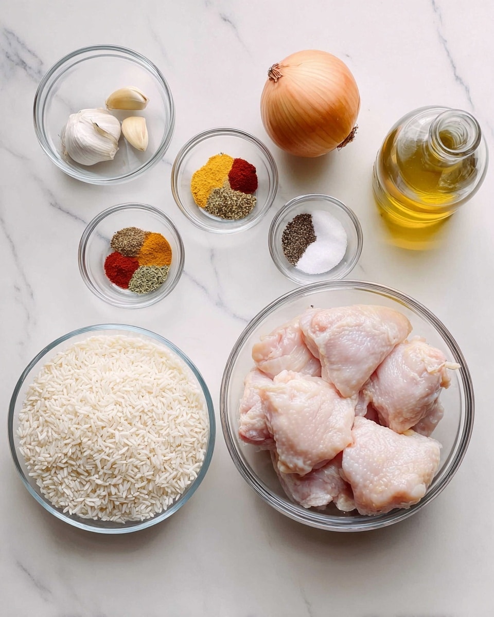 The image shows a white marbled surface with various clear glass bowls arranged neatly. Starting from the top left, there is a small bowl with garlic cloves next to a whole onion. In the middle top, a small bowl contains six different spices, each with distinct colors like red, yellow, green, and brown. To the right, another small bowl holds salt and black pepper. Below these, on the bottom left, is a larger bowl filled with long grain white rice. In the center bottom, there is an empty glass measuring cup. Finally, on the right side, a large bowl holds five pieces of pale pink raw chicken thighs. On the far right, there is a glass bottle with light yellow oil. The overall arrangement is clean and organized, with clear bowls displaying the ingredients on a bright white marbled background, photo taken with an iphone --ar 4:5 --v 7