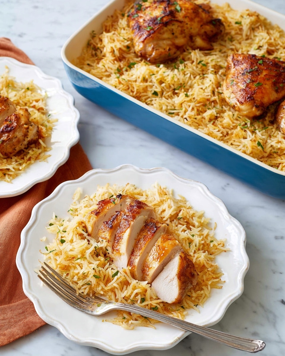 Two white plates with scalloped edges sit on a white marbled surface. The front plate shows one sliced piece of golden brown chicken with a light crispy texture, arranged in a fan shape, next to a heap of light yellow rice mixed with small green herb bits. A silver fork lies on the right side of this plate. The second plate behind it holds two whole pieces of browned chicken sitting on a similar bed of rice with herbs. Behind the plates, a blue rectangular baking dish filled with more rice is partially visible. A muted orange cloth peeks in from the left side. photo taken with an iphone --ar 4:5 --v 7