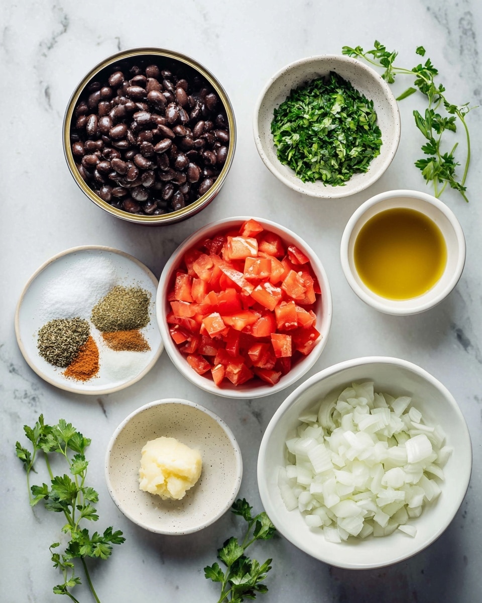 This image shows seven white bowls and a partially opened can arranged on a white marbled surface. The largest bowl at the bottom right contains white chopped onions. To its left, a can holds dark black beans with some liquid inside. Above the can, a small bowl is filled with chopped fresh green herbs. To the right of that, a medium bowl contains bright red chopped tomatoes. Near the top right, a small bowl holds golden yellow oil. At the top center, a white plate has three piles of seasonings: light brown, greenish herb flakes, and white salt. At the top left, another small bowl holds creamy pale yellow minced garlic. Small sprigs of green herbs are scattered around, adding a fresh touch. Photo taken with an iphone --ar 4:5 --v 7