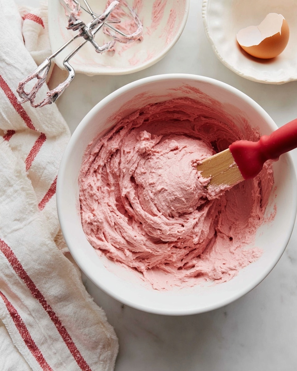 A white bowl filled with thick, light pink batter with a fluffy texture, mixed with a red rubber spatula that has a wooden handle. The bowl sits on a white marbled surface next to a white dish with a metal mixer attachment and some pink batter residue. Nearby, there is a striped cloth with white and red lines, and an empty cracked eggshell on a white plate. The scene shows a close-up view of the batter being mixed, focusing on the texture and tools used photo taken with an iphone --ar 4:5 --v 7