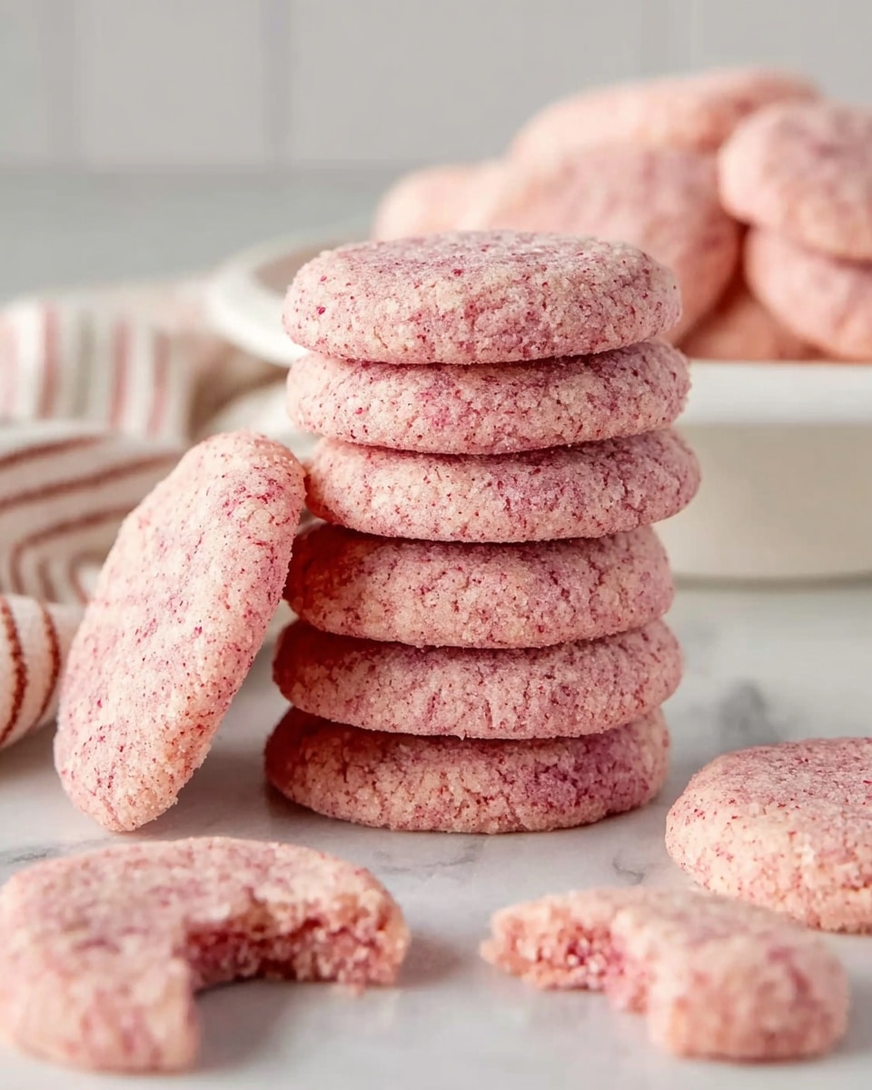 A stack of six round, light pink cookies with a crumbly texture sits in the center on a white marbled surface. One cookie leans against the stack on the left side. In the foreground, there are three more cookies, one of which has a bite taken out, showing a dense, slightly moist interior. A white plate with several more pink cookies is blurred in the background, and a soft, striped cloth in muted colors lies to the left. The setting is bright and clean, focusing on the texture and color of the cookies. photo taken with an iphone --ar 4:5 --v 7