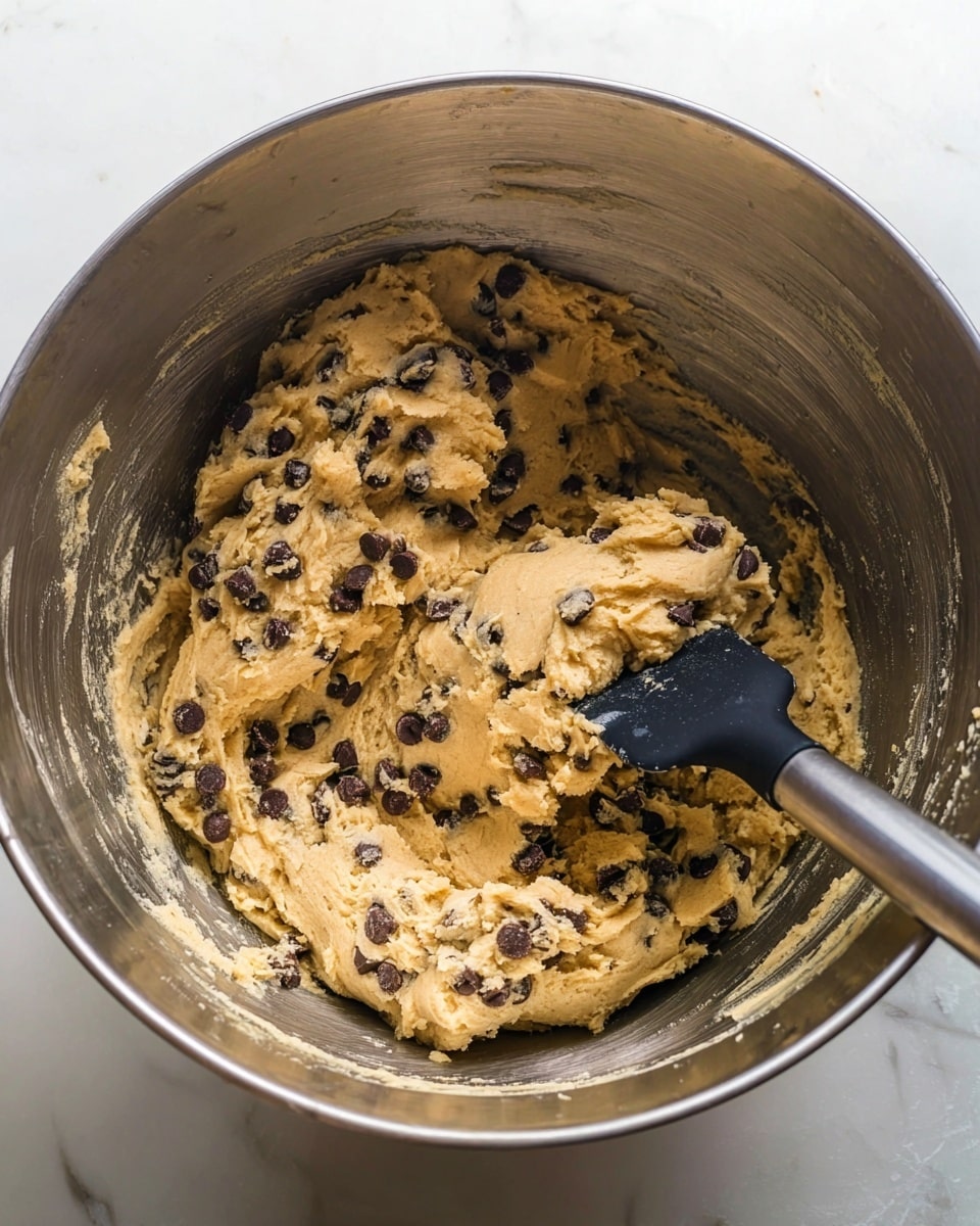 Inside a large silver metal mixing bowl, thick and creamy cookie dough with a light tan color is mixed with dark brown chocolate chips spread evenly throughout. A black spatula with a shiny metal handle is partially buried in the dough on the right side, showing some dough stuck to it. The bowl sits on a white marbled surface with soft lighting highlighting the rough, textured dough inside. photo taken with an iphone --ar 4:5 --v 7