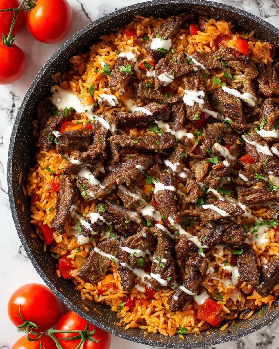 The image shows a pan filled with two main layers: the bottom layer is bright orange rice mixed with small pieces of red tomatoes, creating a vibrant texture. The top layer has many dark brown, cooked meat strips scattered evenly over the rice, giving a rough, slightly shiny look. Drizzled lightly over the meat and rice is a creamy white sauce, adding a smooth contrast. Small green herbs are sprinkled on top, adding a fresh touch. The pan sits on a white marbled surface, with three red tomatoes with green stems on the side. photo taken with an iphone --ar 4:5 --v 7