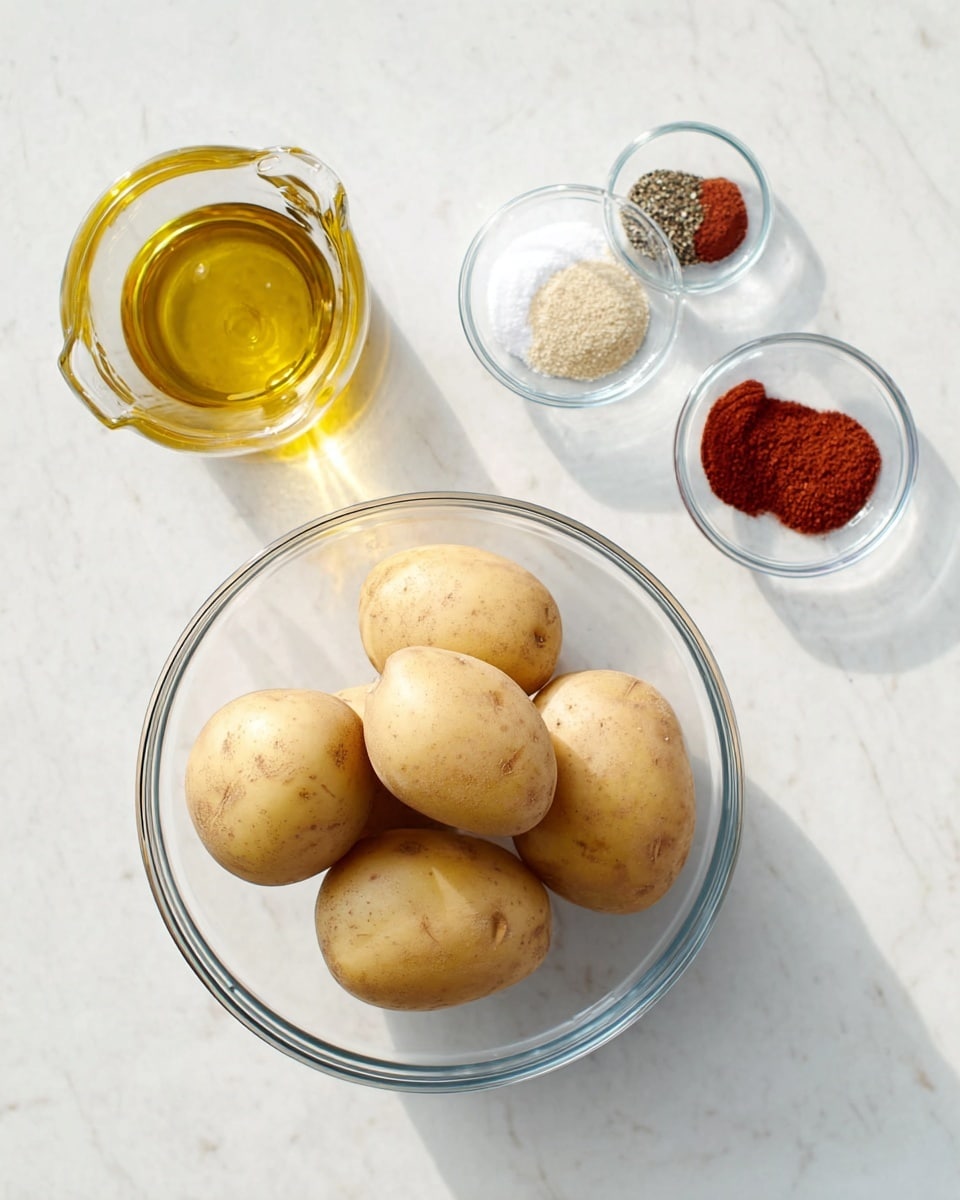 The image shows a clear glass bowl filled with six whole, smooth, light brown potatoes sitting in the center on a white marbled surface. To the left of the bowl, there is a small clear glass container holding a golden-yellow liquid, likely oil, with a stopped spout. Above the oil container, a small clear glass bowl holds five separate piles of spices: white salt, light beige powder, black pepper, and two different shades of red powders. The whole setup is clean and simple with a bright natural light. photo taken with an iphone --ar 4:5 --v 7