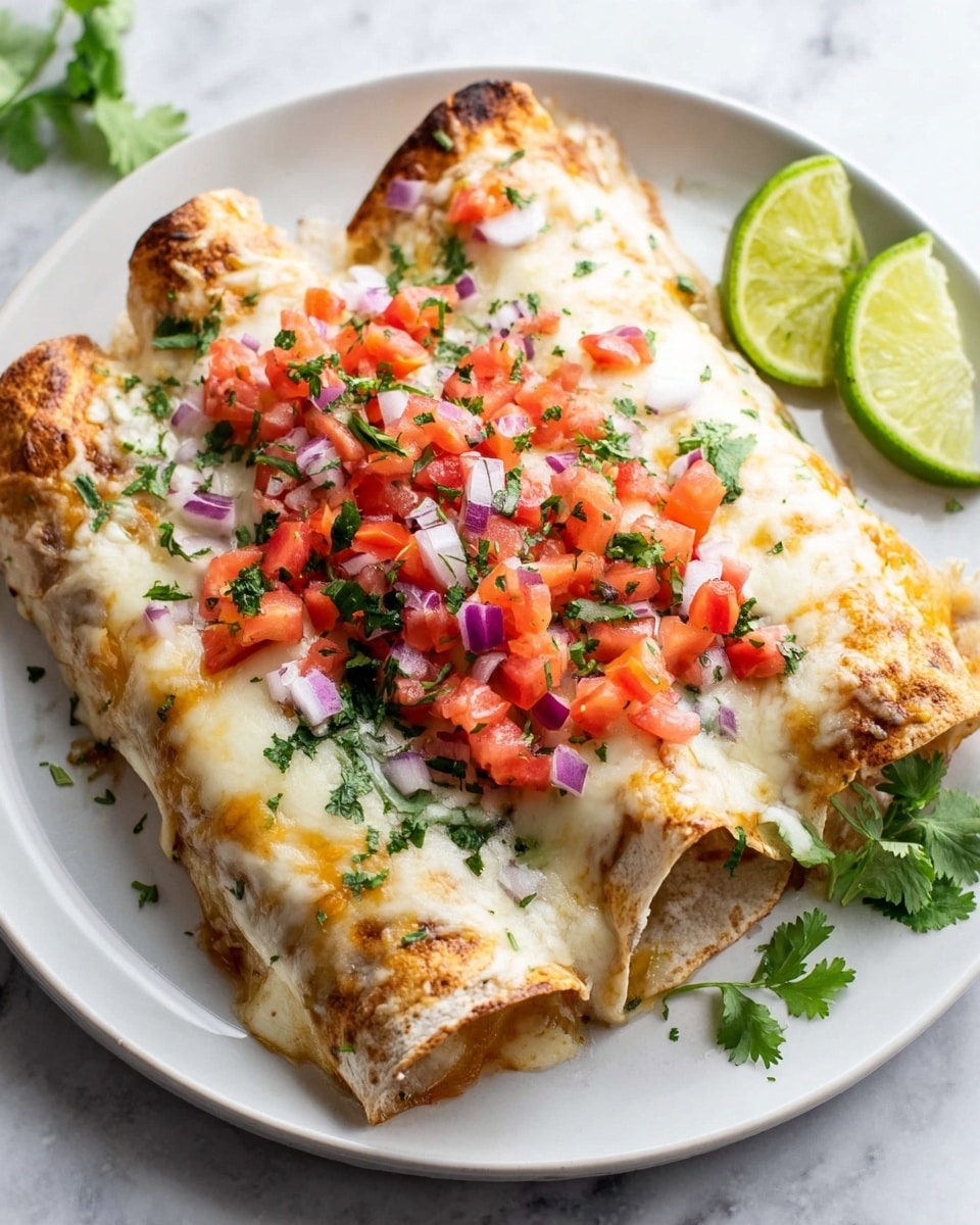 A white plate holds three rolled tortillas filled with a light brown filling, covered by a thick layer of melted white cheese. On top, there is a layer of diced red tomatoes mixed with small pieces of purple onions and chopped green herbs. The edges of the tortillas are slightly golden. To the right side of the plate, there are three green lime wedges and a small sprig of fresh green cilantro. The plate sits on a white marbled surface. Photo taken with an iphone --ar 4:5 --v 7