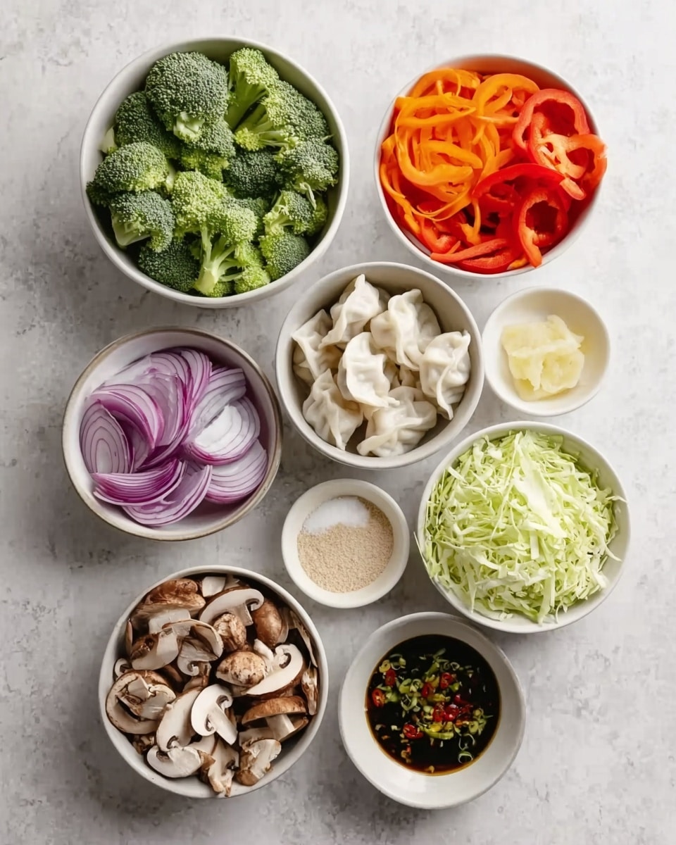 This image shows nine small white bowls arranged on a white marbled surface, each filled with different sliced and whole vegetables and sauces. The top bowl contains fresh green broccoli florets. To its left, a bowl with thin, round slices of orange carrots. To the right of broccoli, a bowl filled with sliced red bell peppers. Below the broccoli is a bowl packed with white dumplings, textured with light folds and pleats. To the left of the dumplings is a bowl with sliced purple-red onions layered loosely. Below the onions, a bowl full of whole and sliced brown mushrooms, showing varied shapes and textures. To the right of the dumplings, a bowl of shredded pale green cabbage. At the bottom right, a small bowl holds a dark soy-like sauce with suspended green and red bits. Near the cabbage is a tiny bowl with a white powder, possibly salt, and another white bowl near the carrots contains a beige powdered substance with a small amount of yellow butter or oil on top. The arrangement is neat and clearly shows each ingredient’s color and texture. Photo taken with an iphone --ar 4:5 --v 7