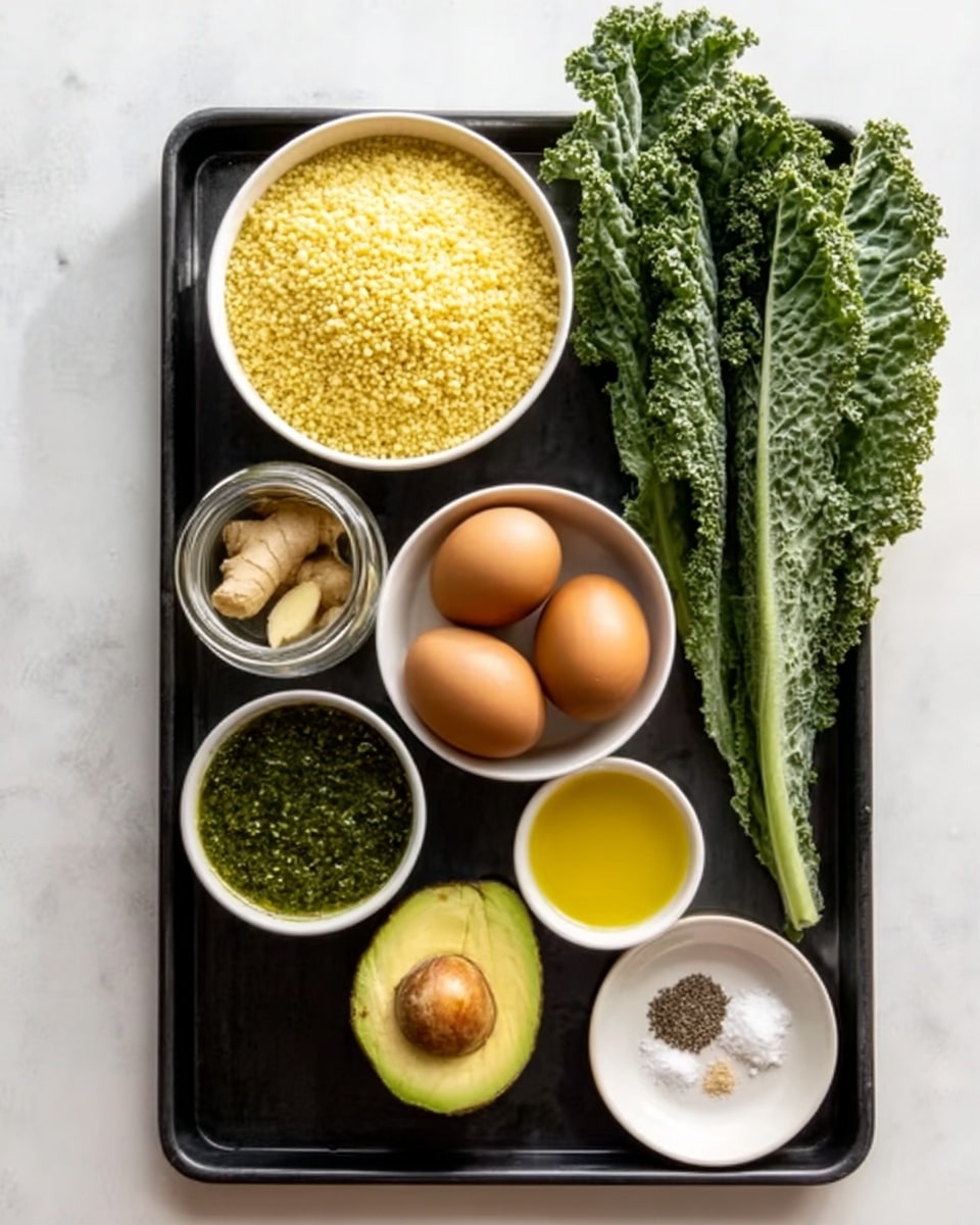 The image shows a black tray on a white marbled surface holding eight white bowls and ingredients neatly arranged. In the top left corner, there is a white bowl filled with yellow couscous, next to it on the right are two large green kale leaves with ruffled edges lying flat. Below the couscous, a white bowl contains three brown eggs. To the right of the eggs, there is a halved avocado with a brown seed visible in the yellow-green flesh. Below the eggs, another white bowl holds yellow oil. Next to it, a bowl contains a green herb sauce with a thick texture. Above this bowl is a small glass jar with ginger slices inside. On the bottom right corner are two small amounts of powdered spices, salt and black pepper, on a white plate. The setup is orderly and bright. Photo taken with an iphone --ar 4:5 --v 7