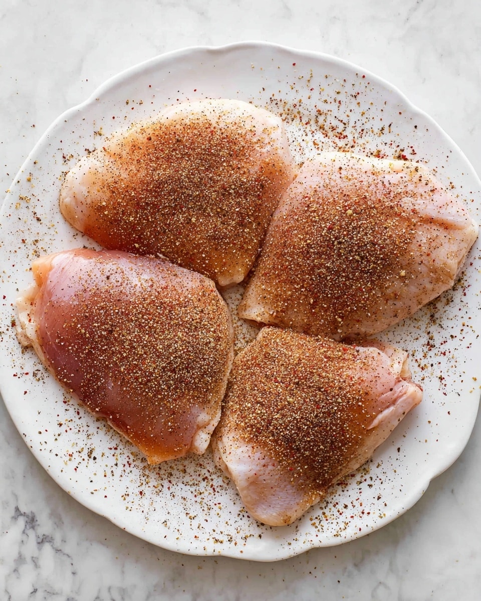 Four raw chicken thighs are laid on a white plate with a sprinkle of dark brown and reddish spices evenly covering each piece and scattered around the plate edges. The chicken skin is pale pink and moist, contrasting with the granulated texture of the spice mix on top. The plate sits on a white marbled surface. photo taken with an iphone --ar 4:5 --v 7