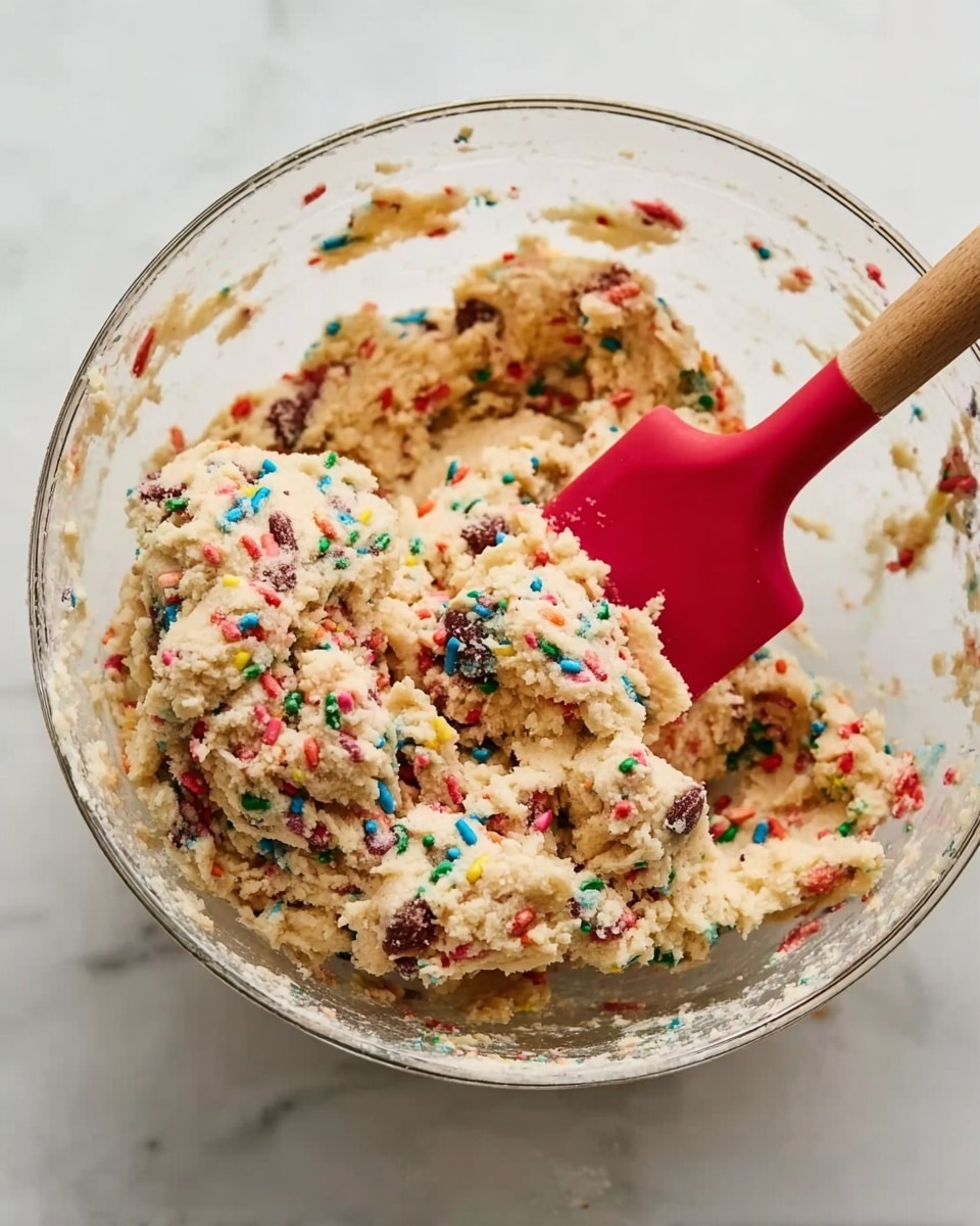 The image shows a clear glass bowl filled with thick cookie dough that has many colorful sprinkles mixed inside. The dough is light beige with small bits of brown and bright rainbow sprinkles spread evenly. A red spatula with a wooden handle is partly dipped into the dough, lifting some of it. The bowl sits on a white marbled surface. Photo taken with an iphone --ar 4:5 --v 7