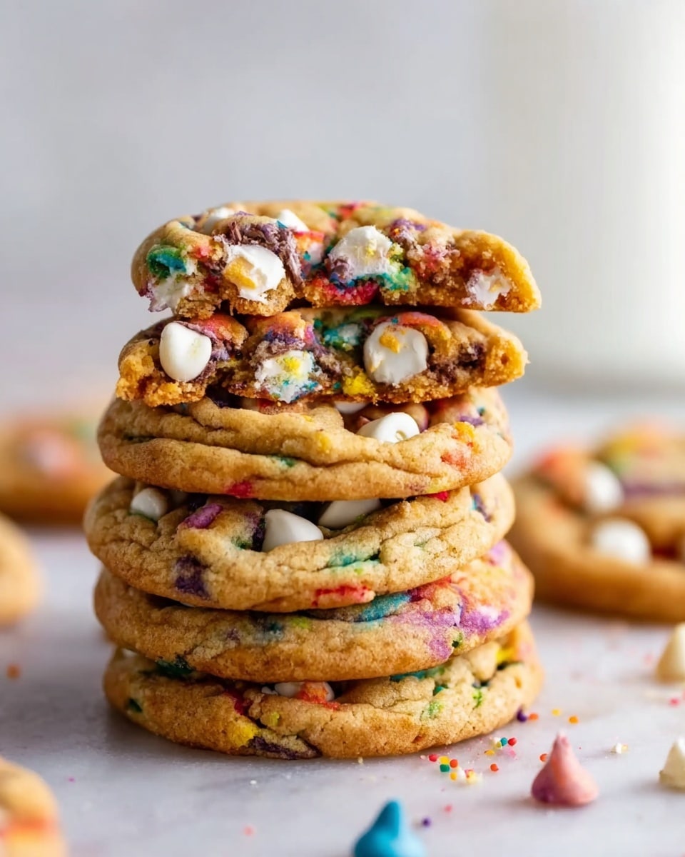 A stack of six colorful cookies is shown on a white marbled surface. The cookies have a light golden brown color with bright rainbow-colored candy bits scattered throughout. The top cookie is broken in half, showing a soft and packed inside texture filled with smooth white and dark chocolate chips. There are a few loose cookies and candy pieces around the stack. The background is blurry white with a soft light. photo taken with an iphone --ar 4:5 --v 7