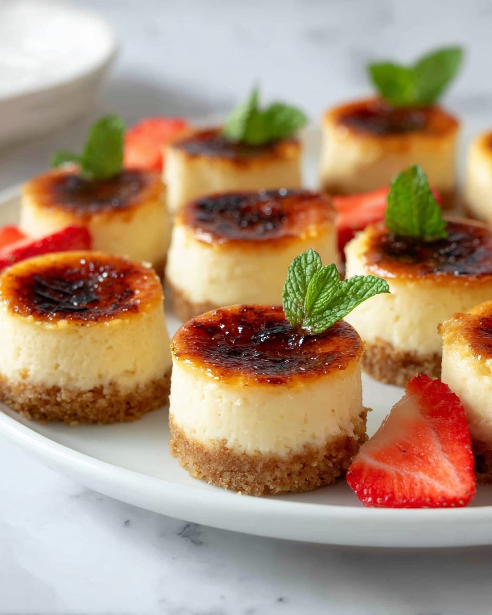 The image shows a white plate holding nine small, round mini cheesecakes arranged close together. Each cheesecake has three clear layers: a light brown crumbly base at the bottom, a pale creamy middle layer, and a dark caramelized golden brown top with a slightly burnt texture. There are halved bright red strawberries and fresh green mint leaves placed on the plate, adding a pop of color. The background and surface have a smooth white marbled texture, creating a clean and bright setting. Photo taken with an iphone --ar 4:5 --v 7