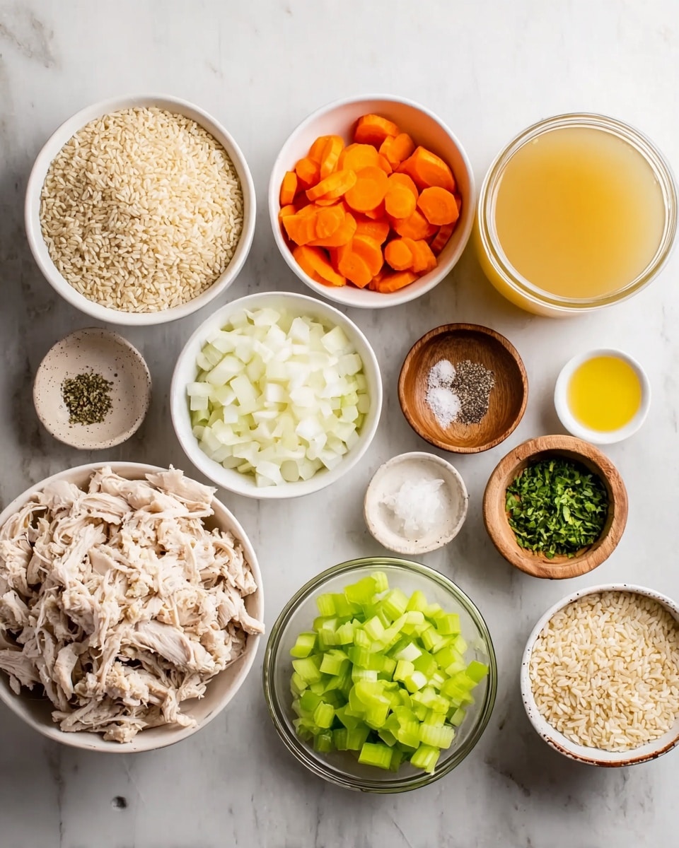 The image shows several white bowls with different ingredients placed on a white marbled surface. One bowl is filled with dry rice, another contains chopped white onions, a third has sliced orange carrots, and a fourth holds sliced green celery. There is a clear glass bowl filled with shredded white meat. Small wooden bowls hold minced garlic, chopped green herbs, and a mix of salt and black pepper. There is also a small white bowl with yellow olive oil and a tall glass jar filled with light yellow broth. Photo taken with an iphone --ar 4:5 --v 7