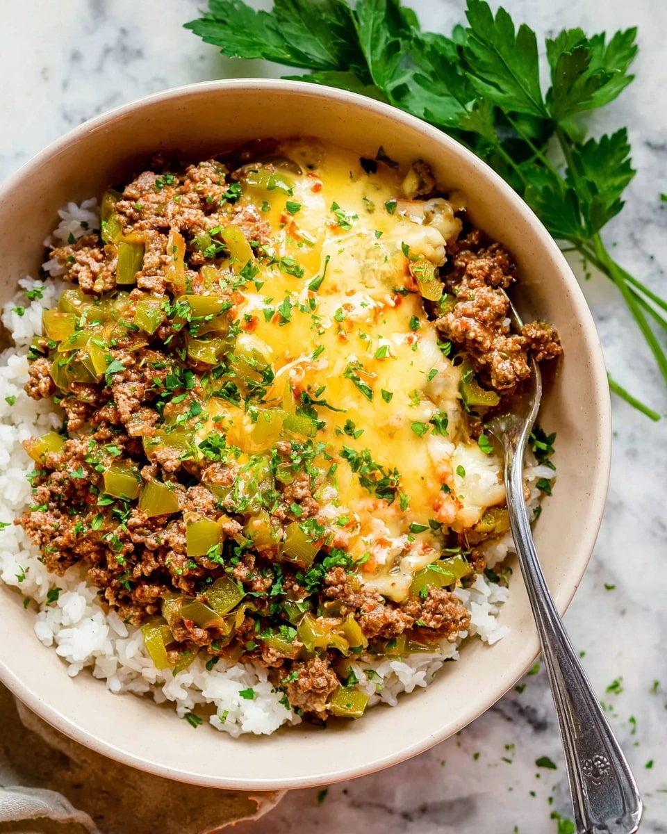 A white bowl filled with three layers: the bottom layer is white cooked rice with a soft texture, the middle layer is a mix of ground meat and chopped green bell peppers with a crumbly and slightly chunky texture, and the top layer is melted yellow cheese spread unevenly over the meat mixture. Small chopped green herbs are sprinkled over the cheese and meat, adding a fresh touch. A silver fork rests in the bowl, lifting a mix of the cheese, meat, and peppers. The bowl is set on a white marbled surface with some green parsley leaves nearby for decoration. Photo taken with an iphone --ar 4:5 --v 7