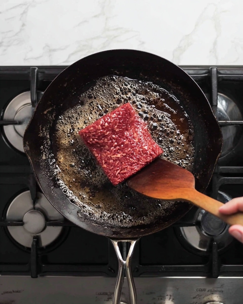 A close-up top view of a black cast iron pan on a gas stove with a white marbled surface around it. Inside the pan, there is a thick, red raw ground meat square being pressed down by a wooden spatula held by a woman's hand. The pan has bubbling melted butter or oil around the meat, creating a shiny, slightly frothy texture. The stove has silver and black burners visible, giving a clean kitchen look. photo taken with an iphone --ar 4:5 --v 7