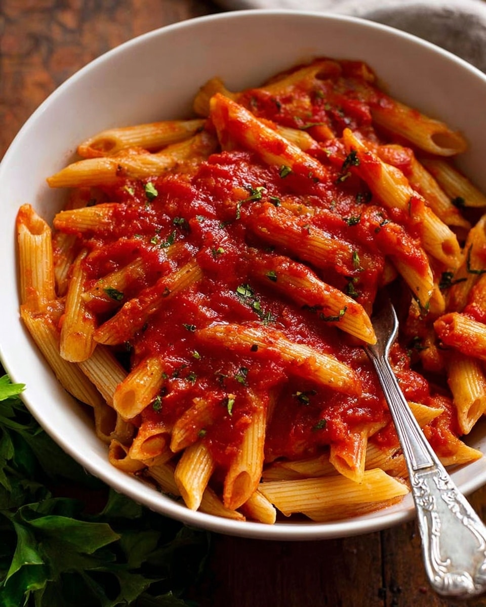 The image shows a white bowl full of penne pasta covered evenly with red tomato sauce. The pasta is arranged in layers with a thick coating of sauce on top, dotted with small green herbs sprinkled all over the dish. A silver fork with detailed engraving is placed inside the bowl on the right side, partially resting on the pasta. The bowl is set on a wooden surface with some green leafy vegetables visible at the bottom left corner. The photo taken with an iphone --ar 4:5 --v 7