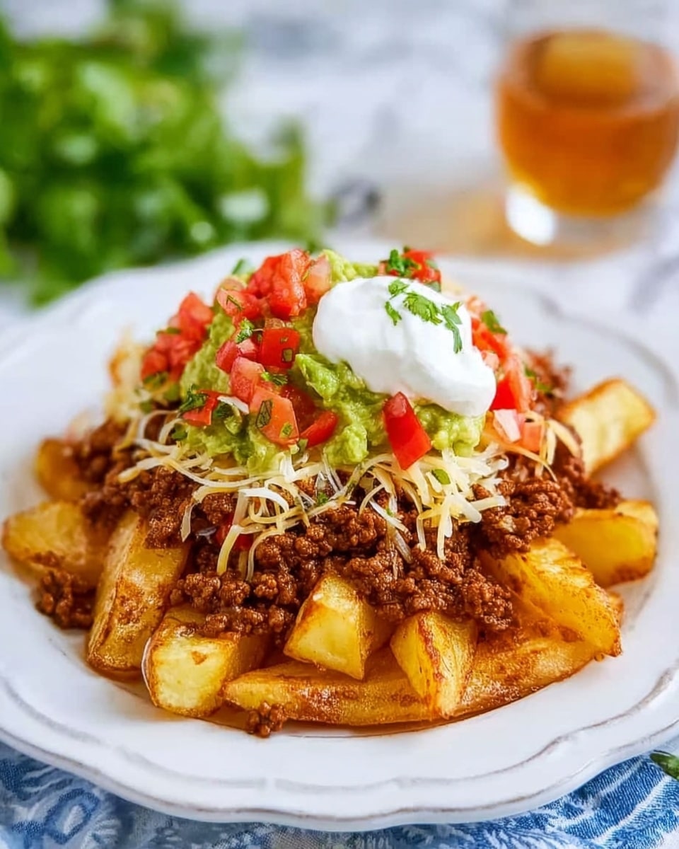 The dish is served on a white plate with a scalloped edge, placed on a white marbled surface. At the bottom, there is a layer of thick, crispy golden potato wedges arranged in a small mound. On top of the potatoes, there is a generous layer of cooked ground meat with a rich, brown color and a slightly crumbly texture. Next, a sprinkle of shredded cheese, mostly white with a few yellow strands, is lightly melted over the meat. Above that, there is a dollop of smooth white sour cream, slightly rounded. On top of the sour cream, some green guacamole is placed, with visible small chunks of avocado. The dish is finished with a fresh topping of finely chopped bright red tomatoes and green peppers, adding a fresh and colorful touch. In the background, some fresh green herbs are slightly blurred, and a woman's hand is holding a glass of amber liquid. photo taken with an iphone --ar 4:5 --v 7