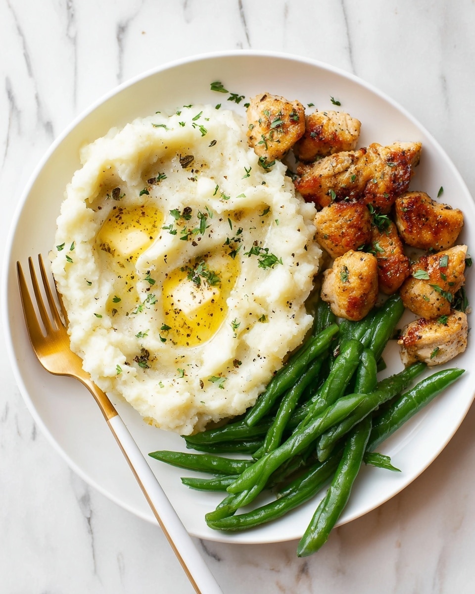 A white round plate on a white marbled surface holds a meal with three parts: on the left side, a large scoop of creamy mashed potatoes with two small melted butter pats on top, sprinkled with green herbs and black pepper; to the right of the mashed potatoes, there are several small pieces of golden brown cooked chicken with a slightly crispy texture, also sprinkled with herbs; at the bottom right of the plate, a cluster of bright green cooked green beans with a smooth texture. A gold and white fork rests on the left edge of the plate near the mashed potatoes. photo taken with an iphone --ar 4:5 --v 7