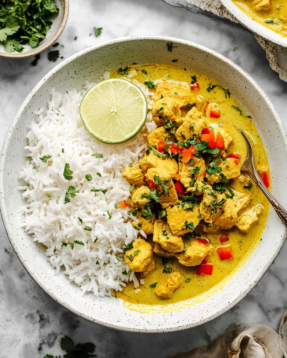The image shows a white speckled bowl filled with two main layers. On the left side is a neat mound of fluffy white rice with a slice of lime placed on top. On the right side, a thick yellow curry covers chunky pieces of chicken mixed with small red bell pepper pieces and garnished with fresh chopped green herbs scattered over the curry and rice. A fork rests partly on the rice, with a few grains sticking to its tines. The bowl sits on a white marbled surface, with parts of other bowls and a small dish of fresh herbs visible around it. Photo taken with an iphone --ar 4:5 --v 7