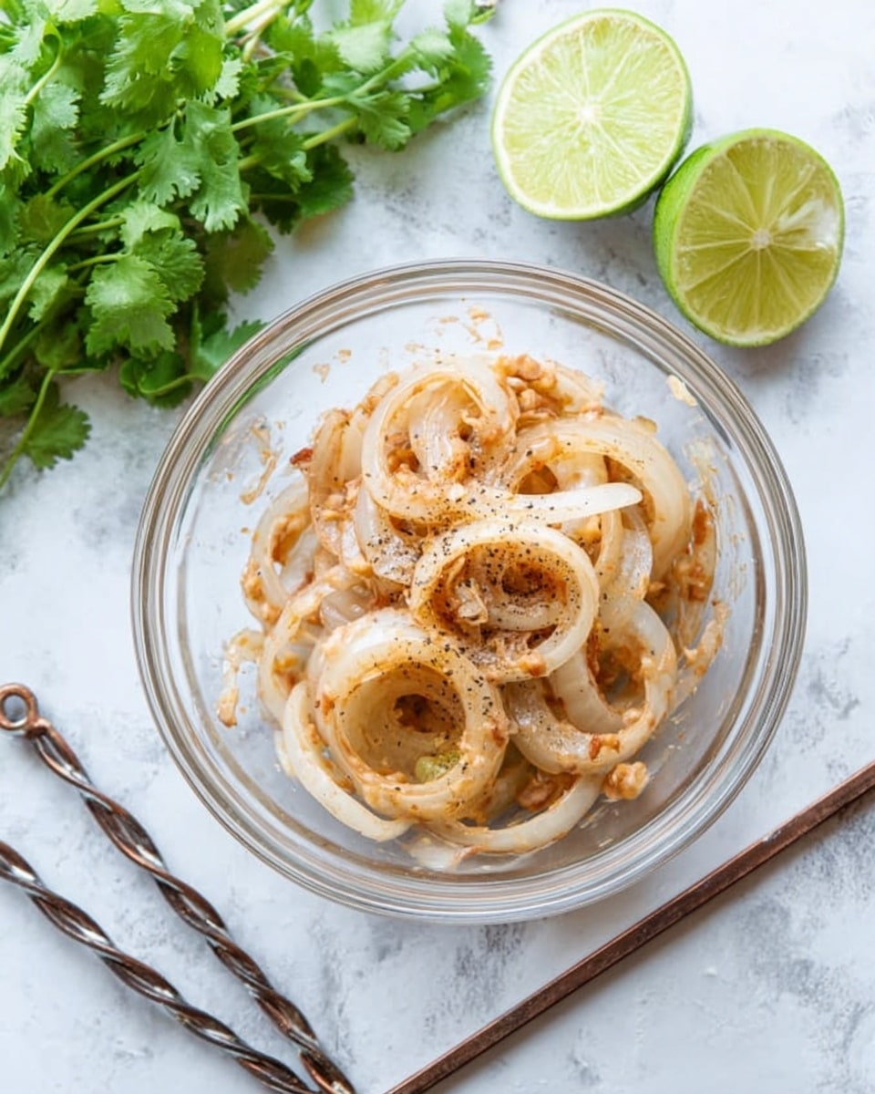 A clear glass bowl shows a mix of light brown sauce and pale white onion rings swirled together with a few black pepper specks on top. The bowl is placed on a white marbled surface. To the left of the bowl, there is a bunch of fresh green cilantro and a halved lime with a bright green inside. To the right of the bowl, three twisted metal skewers lay side by side. Photo taken with an iphone --ar 4:5 --v 7
