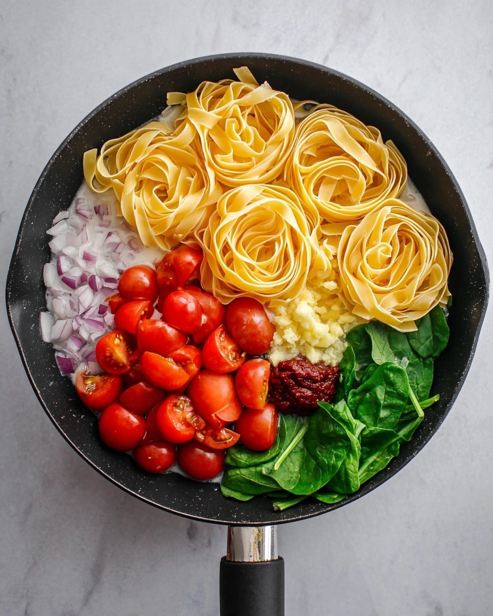 A black pan with a long handle sits on a white marbled surface, filled with raw pasta nests that are light yellow and slightly curled, arranged in six small bundles in the upper half of the pan. Below the pasta nests, there is a group of bright red cherry tomatoes, some whole and some halved, showing their juicy interiors. Near the tomatoes, minced pale yellow garlic is scattered. Next to the garlic, there is a dollop of dark red tomato paste. On the left side of the pan, chopped small pieces of light purple onion sit beside fresh green leafy spinach. The ingredients are set in a layer of white liquid broth at the bottom of the pan. Photo taken with an iphone --ar 4:5 --v 7