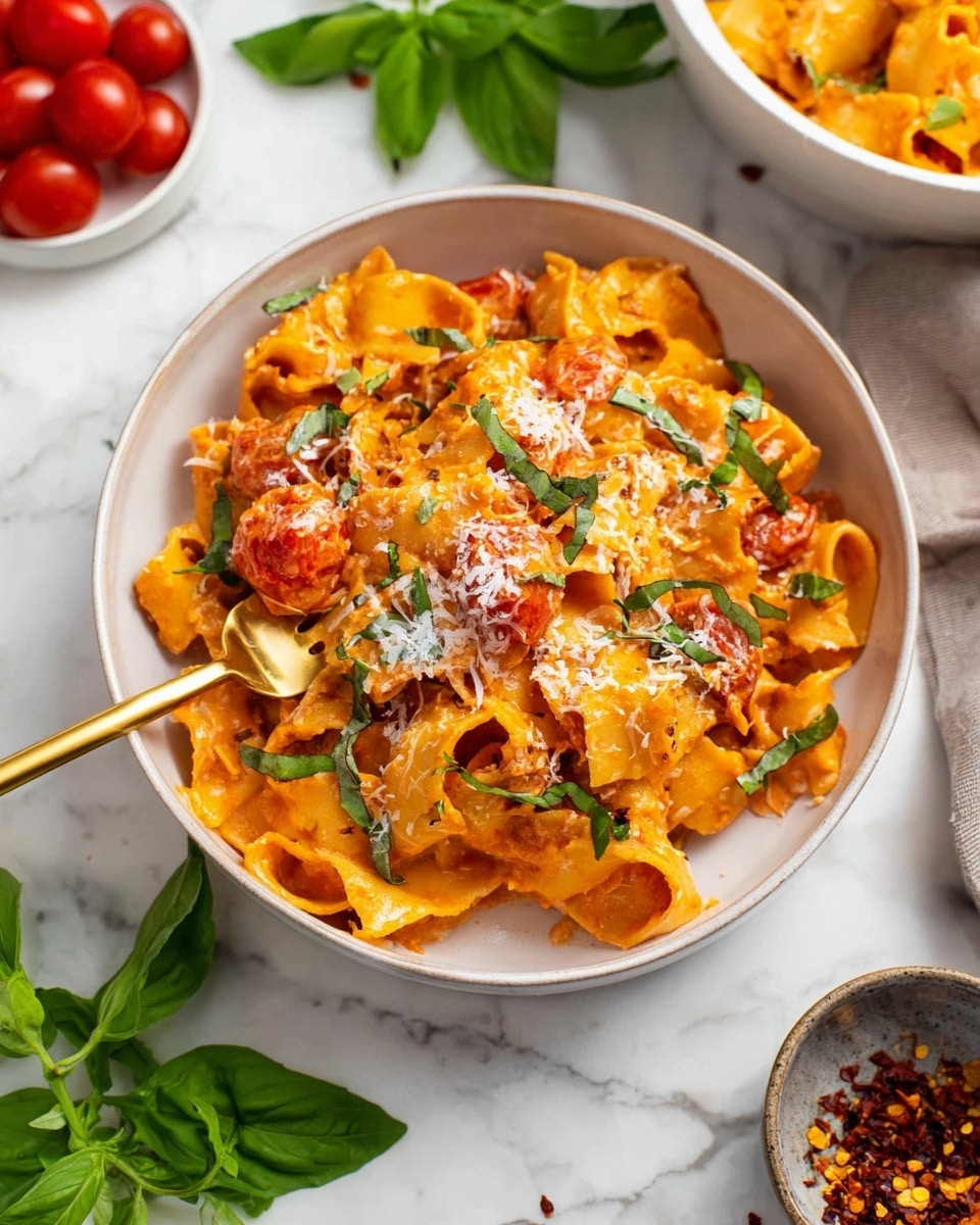 A white bowl filled with several layers of wide, flat orange pasta ribbons mixed with small, round pieces of bright red tomato-like ingredients and green basil leaves scattered throughout. The pasta is coated in a creamy orange sauce and topped with finely grated white cheese sprinkled across the top. A gold fork is stuck into the pasta near the back edge of the bowl. The bowl is placed on a white marbled surface with fresh green basil leaves around it, a small bowl of red cherry tomatoes to the top left, and a small dish of red chili flakes to the bottom right. In the background, a white bowl filled with more pasta is partially visible. Photo taken with an iphone --ar 4:5 --v 7