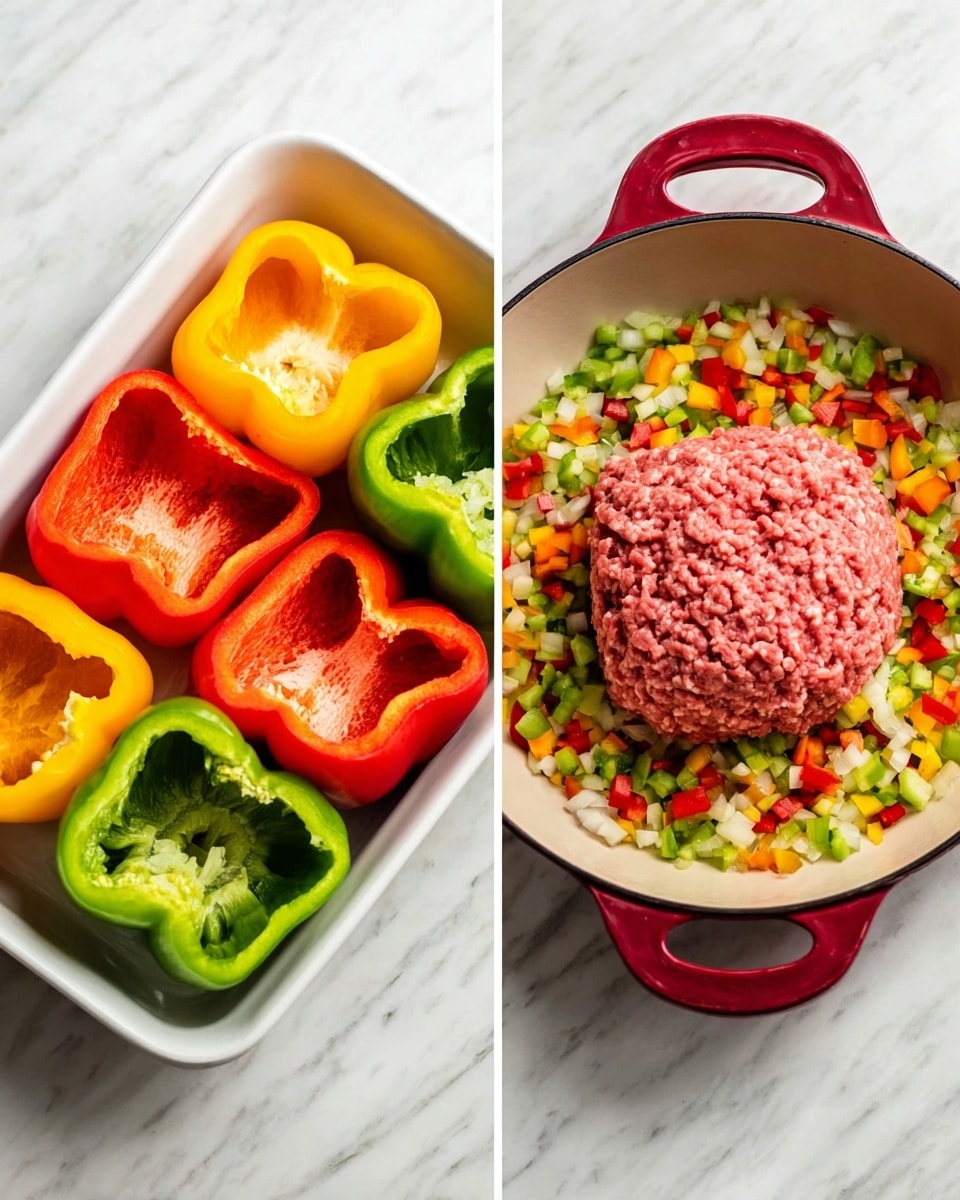 The left side shows a white rectangular dish with six hollowed-out bell pepper halves, arranged in two rows of three. The colors from top left to bottom right are green, red, yellow, orange, red, and green, with visible textures inside where seeds were removed. The right side shows a red cast iron pan with a raw ground meat mound in the center, surrounded by a layer of finely chopped mixed bell peppers and onions in red, yellow, green, and white colors, spread evenly around the meat. Both dishes are set on a white marbled surface. Photo taken with an iphone --ar 4:5 --v 7