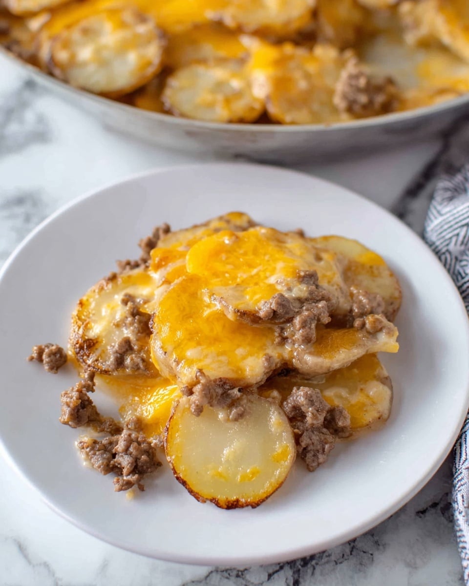 A white plate holds a layered dish consisting of round, thin slices of pale yellow potatoes arranged on the bottom and middle. Scattered unevenly on top are small clumps of cooked ground beef with a brownish color. The whole dish is covered with melted orange cheddar cheese that stretches slightly over both the potatoes and beef, creating a creamy and rich texture. The background shows more of the same dish in a pan, set on a white marbled surface. Photo taken with an iphone --ar 4:5 --v 7