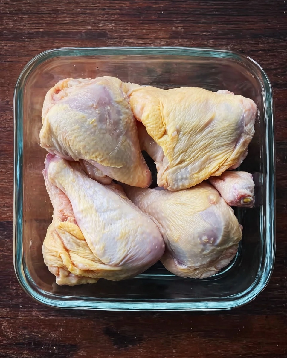 A clear glass square dish holds four raw chicken pieces arranged closely together. The chicken skin shows a light yellowish-pink color with parts appearing slightly shiny and moist. The dish sits on a dark wooden surface. The chicken pieces are plump and fill the dish, with visible texture on the skin and some areas showing natural folds and creases. photo taken with an iphone --ar 4:5 --v 7