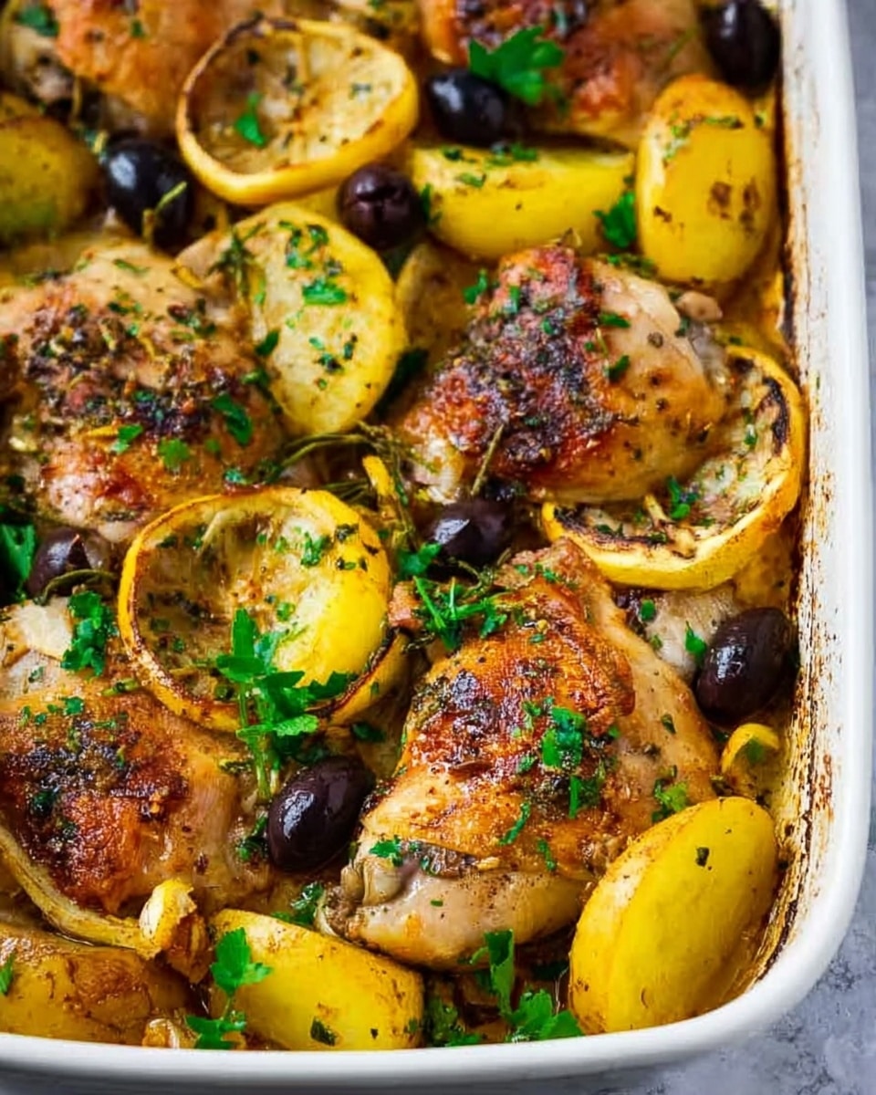 The image shows a white baking dish filled with several golden brown roasted chicken pieces. The chicken has a crispy texture with visible herbs sprinkled on top. Around the chicken, there are slices of roasted yellow potatoes with some slightly browned edges. Thin lemon slices, browned from roasting, are spread over the chicken and potatoes. Small black olives and scattered fresh green parsley leaves add color contrast. The white marbled surface is slightly visible around the edges of the dish. Photo taken with an iphone --ar 4:5 --v 7