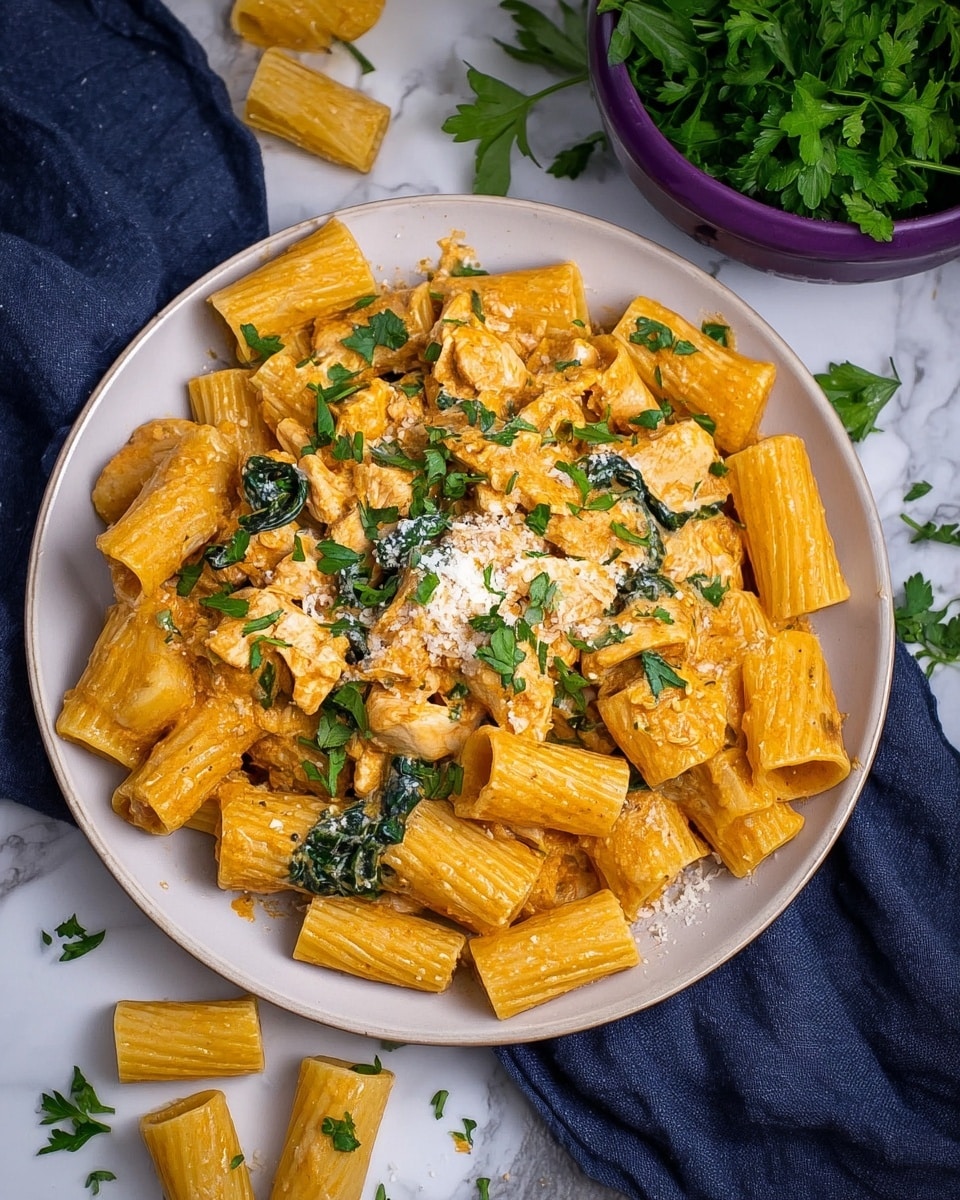 A white round plate filled with rigatoni pasta coated in a creamy orange sauce, mixed with pieces of white chicken and wilted dark green spinach leaves. The pasta is sprinkled with grated cheese and chopped fresh green parsley on top. The plate sits on a white marbled surface with extra rigatoni pasta and parsley leaves scattered around it. There is a purple bowl full of fresh green parsley in the background and a dark blue cloth near the plate. photo taken with an iphone --ar 4:5 --v 7