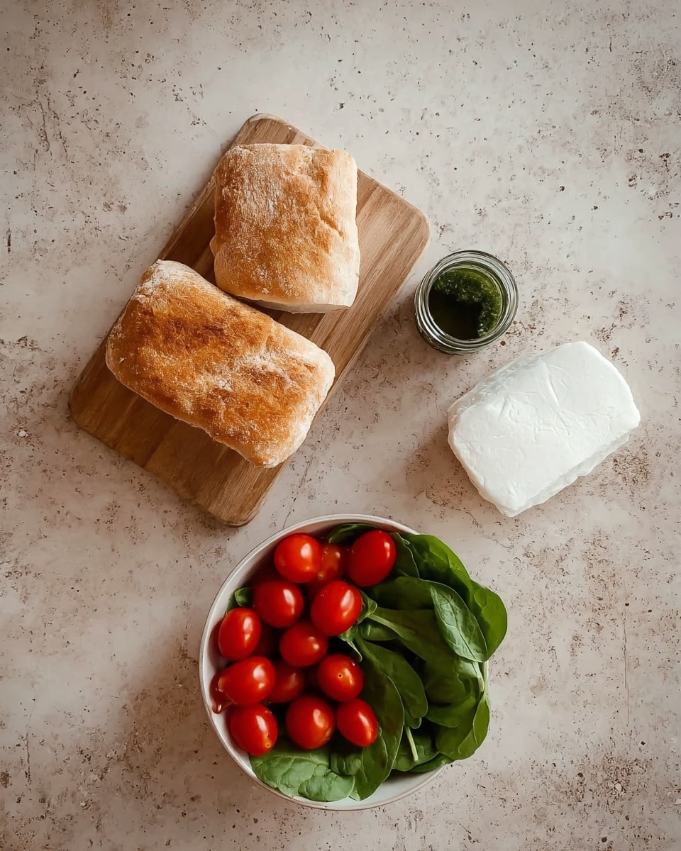 The image shows two square pieces of light brown ciabatta bread with a slightly crispy top layer placed on a small wooden cutting board. Next to the bread, there is a white log of soft cheese which has a smooth textured surface. A small glass jar with dark green contents sits next to the cheese. Below the bread and board, a white bowl is filled with bright red cherry tomatoes on one side and fresh green spinach leaves on the other. All items are placed on a white marbled textured surface. Photo taken with an iphone --ar 4:5 --v 7