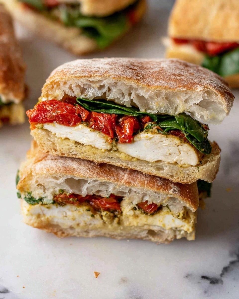 The image shows a sandwich cut in half and stacked, placed on a white marbled surface. The sandwich has a thick, rustic bread with a lightly browned crust and a soft, airy white inside. Inside the sandwich, there is a bottom layer of grilled or toasted chicken that is light golden brown. Above the chicken, there are melted white cheese slices, followed by bright red roasted tomato slices. On top, fresh dark green spinach leaves add a fresh touch. The sandwich halves are surrounded by whole sandwiches on the same white marbled surface. photo taken with an iphone --ar 4:5 --v 7