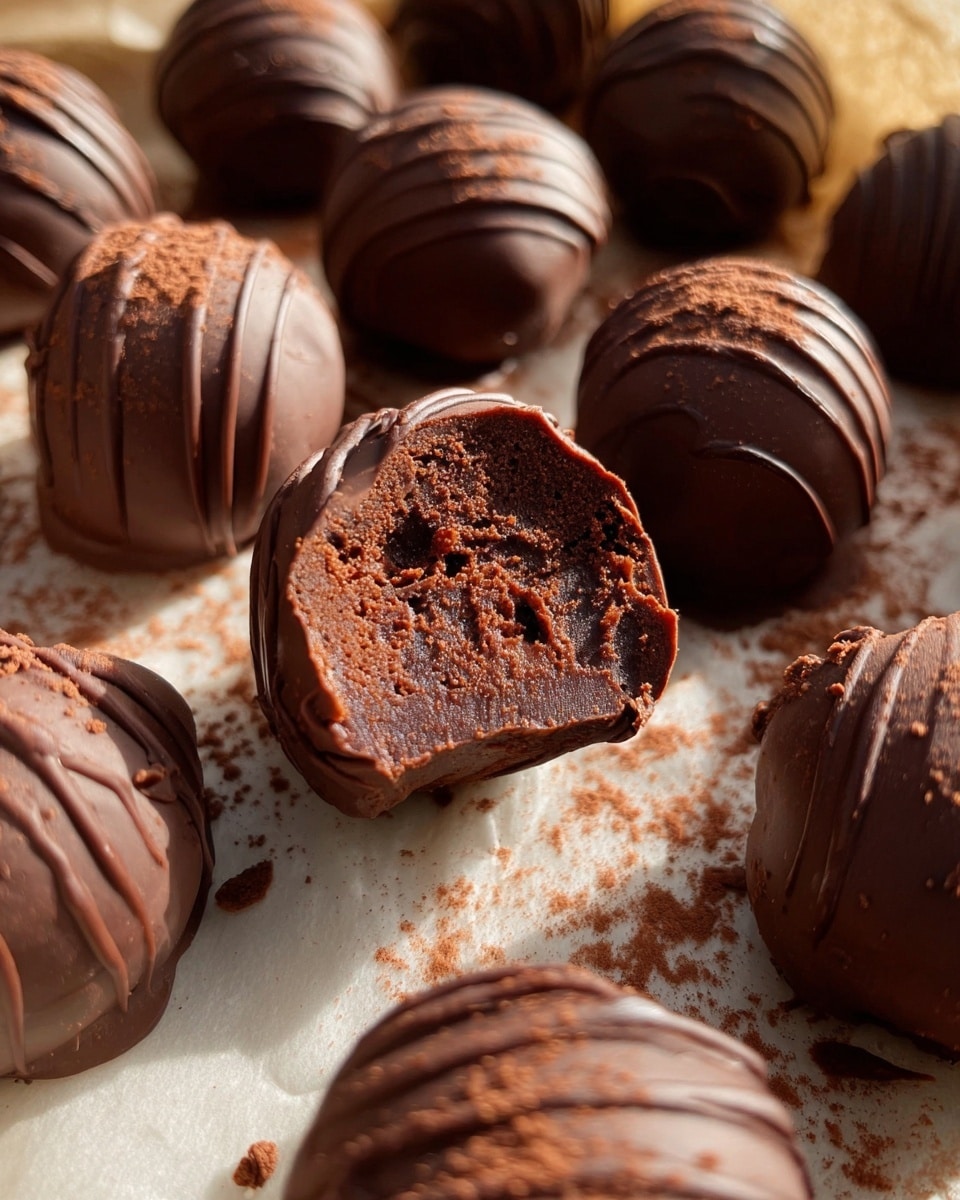 The image shows a close-up of round chocolate truffles placed on parchment paper over a white marbled surface. Each truffle has a smooth, dark brown chocolate shell with thin, darker chocolate lines drizzled over the top, creating a textured pattern. One truffle in the middle is bitten in half, revealing a moist, dense, rich brown chocolate filling inside with a slightly grainy texture. There are light sprinkles of cocoa powder scattered softly on some of the truffles and the parchment paper. The lighting is natural and bright, highlighting the shine and texture of the chocolate shells. photo taken with an iphone --ar 4:5 --v 7