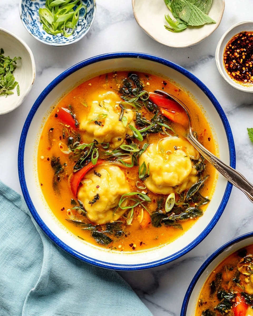 The image shows a white bowl with a blue rim filled with a rich orange broth. Inside the broth are three plump, pale yellow dumplings with slightly ruffled edges. Bright green sliced herbs and leafy greens float on top, adding freshness and texture. Red bell pepper slices and dark green spinach add more color throughout the soup. A silver spoon rests in the bowl on the right side, partially submerged in the broth. Around the bowl are small white bowls with green herbs and a dark sauce with chili flakes, set on a white marbled surface with a folded light blue cloth nearby. photo taken with an iphone --ar 4:5 --v 7
