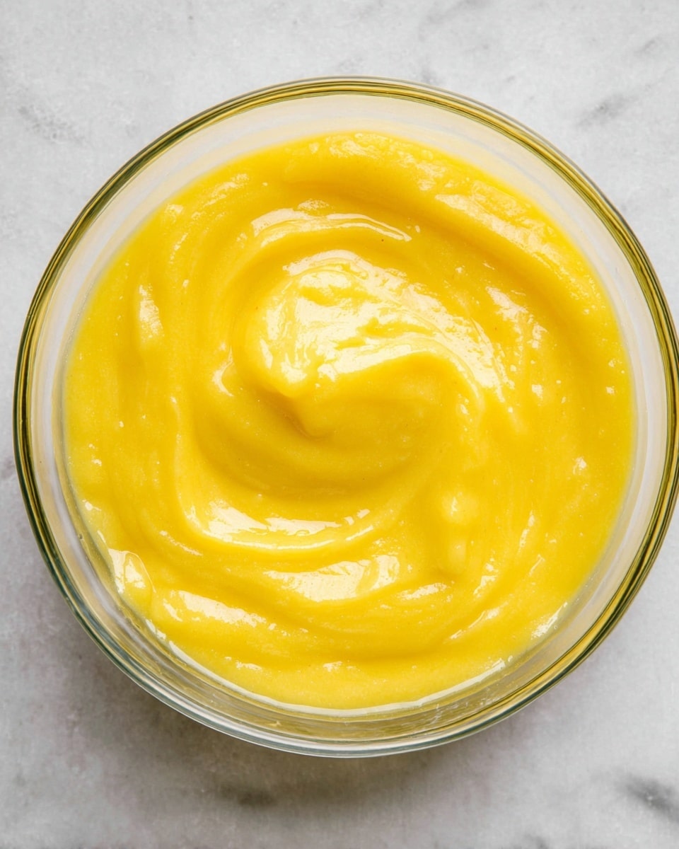 A close-up view of a single layer of smooth, bright yellow puree with a shiny, creamy texture swirled inside a clear glass bowl, all placed on a white marbled surface, photo taken with an iphone --ar 4:5 --v 7