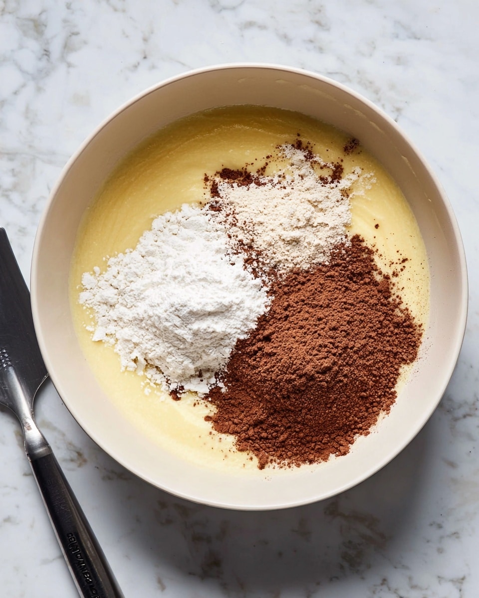 A large white bowl sits on a white marbled surface, containing three main layers of ingredients before mixing: on the bottom, a smooth pale yellow batter; on the top left, a pile of white flour with a powdery texture; and on the top right, a pile of fine brown cocoa powder. A black and silver spatula rests to the left of the bowl, partially in the frame. The mixture layers remain separate, showing distinct color and texture differences photo taken with an iphone --ar 4:5 --v 7