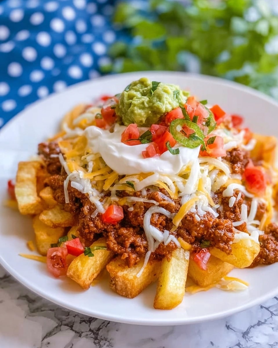 The dish shows a white plate with thick golden potato fries at the bottom, topped with a generous layer of seasoned ground meat sauce that looks rich and textured with small bits of meat. Over the meat, there is a light sprinkling of melted shredded cheese that starts to blend into the warm topping. On top, there is a dollop of white sour cream, and next to it, a scoop of green guacamole. The dish is finished with a fresh mix of diced red tomatoes and green peppers scattered lightly over the sour cream and guacamole. The plate sits on a white marbled surface with blurred green leaves and a blue cloth with white dots in the background. Photo taken with an iphone --ar 4:5 --v 7