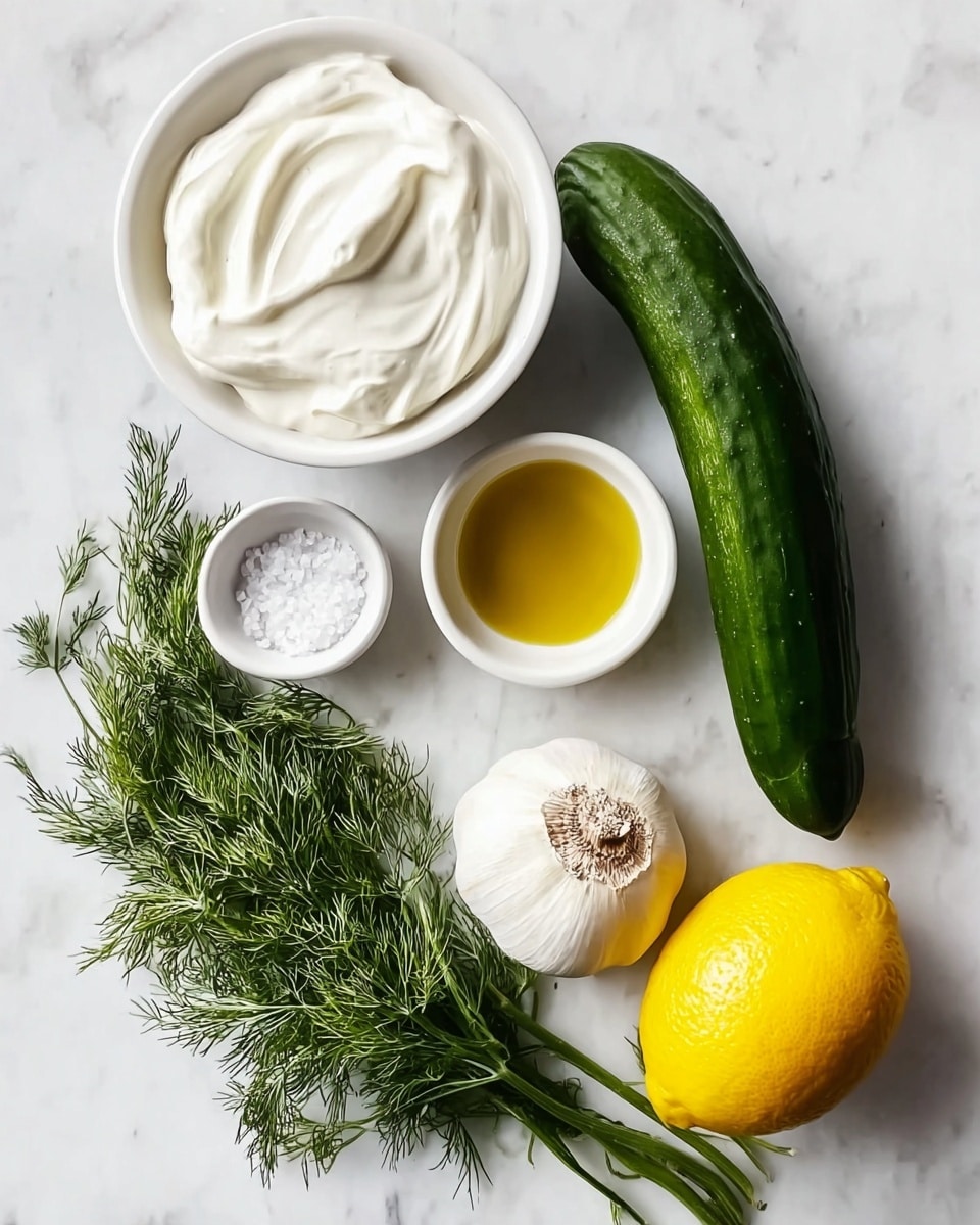 The image shows a white bowl with smooth, thick white yogurt inside, placed near the top left. Below it to the left is a small white bowl filled with golden olive oil. To the right of the olive oil is a whole white garlic bulb. On the right side of the image, there is a long, dark green cucumber laying flat. Below the garlic is a small white bowl with coarse white salt. At the bottom left of the image is a bunch of green dill with detailed feathery leaves. At the bottom right is a bright yellow lemon. All items rest on a white marbled surface. photo taken with an iphone --ar 4:5 --v 7