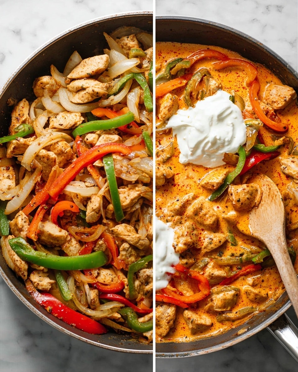 The image shows two close-up views of a cooking pan on a white marbled surface. On the left, the pan contains cooked pieces of light brown chicken mixed with sautéed slices of green, red, and orange bell peppers and translucent white onions, all lightly browned and mixed evenly throughout. On the right, the same ingredients are now covered with a light orange creamy sauce, creating a rich texture that coats the chicken and veggies. There is a dollop of white cream on top in the center, and a wooden spoon stirs the mixture gently. Photo taken with an iphone --ar 4:5 --v 7