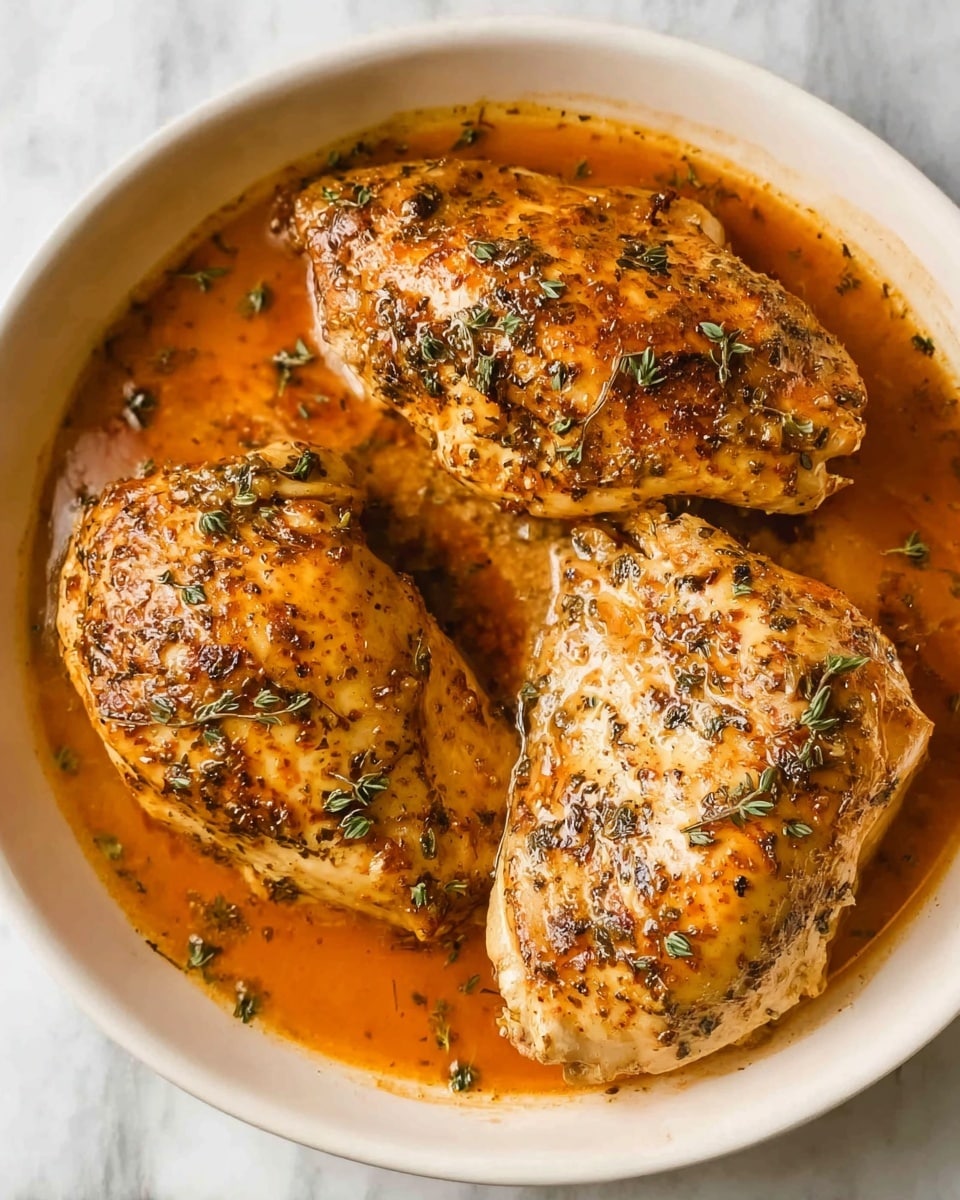 Three cooked chicken pieces rest in a white bowl filled with orange-brown sauce. Each piece is covered with small green herbs and has a shiny, soft texture. The sauce surrounds the chicken, pooling around the edges with a smooth surface and some small herbs floating on top. The white bowl contrasts with the rich color of the chicken and sauce. The background is a white marbled surface. photo taken with an iphone --ar 4:5 --v 7