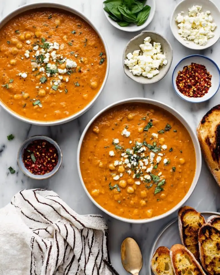 Roasted Red Pepper Soup with Chickpeas & Orzo Recipe
