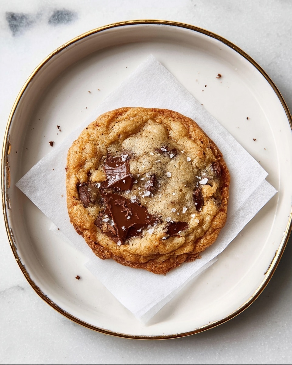 A single chocolate chip cookie with a golden-brown, slightly crunchy edge and a soft, light brown center sits on a square piece of white parchment paper, placed on a round white plate with a thin gold rim. The cookie is about one layer thick and slightly crumbled with visible large, melted chocolate chunks and small sprinkles of coarse salt on top. The plate rests on a white marbled surface, showing a clean and simple setting. Photo taken with an iphone --ar 4:5 --v 7