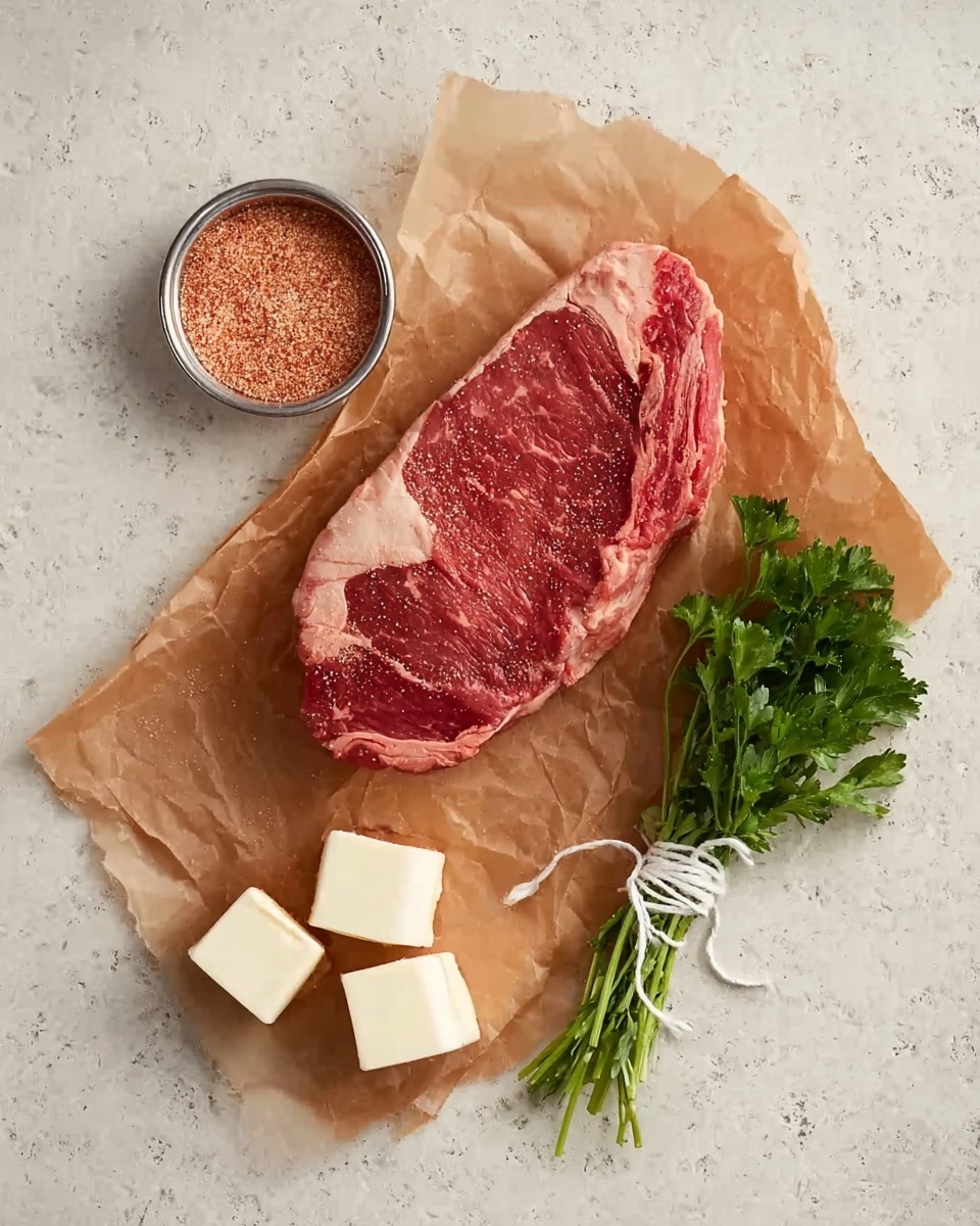 A raw steak is placed on a piece of brown parchment paper, showing its red, marbled texture with white fat around the edges, positioned slightly off-center. To the left of the steak, a small round silver bowl contains coarse reddish-brown seasoning. Below the steak, two small white rectangular cubes of butter are arranged next to a small bunch of fresh green parsley tied with white string. All items rest on a white marbled surface. photo taken with an iphone --ar 4:5 --v 7