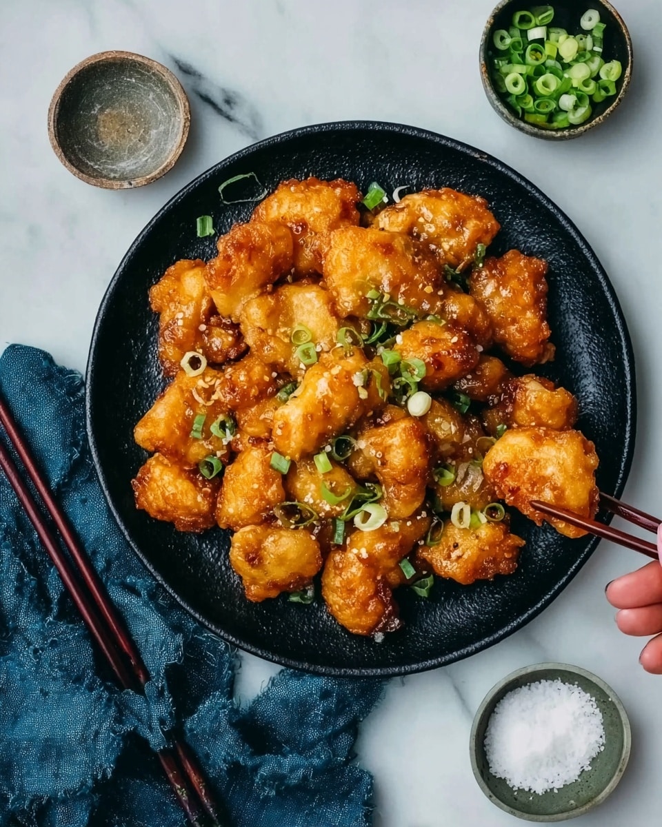 The image shows a black round plate filled with golden brown fried chicken pieces topped with small green onion slices. To the left of the plate, two dark wooden chopsticks rest on the edge. At the top right corner, a small white bowl with coarse salt and a small white bowl with chopped green onions are placed. The whole setup is on a white marbled surface with a crumpled blue cloth partially visible near the plate. A woman's hand is holding one piece of chicken with chopsticks. photo taken with an iphone --ar 4:5 --v 7