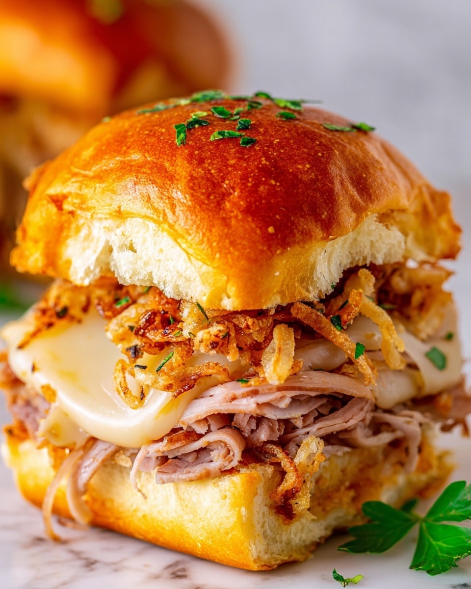 This image shows a close-up of a sandwich stack with three layers on white buns. Each sandwich has a shiny golden brown top bun with crispy fried onion pieces and small green herb bits sprinkled on it. Below the top bun, there is a layer of melted cheese that drapes over the edges, soft and slightly bubbly. Under the cheese, there are multiple thin slices of light brown cooked meat arranged in folds. The bottom bun is soft and light golden, providing a sturdy base. The stack is resting on a white marbled surface, with a small green herb garnish placed on the bottom sandwich. photo taken with an iphone --ar 4:5 --v 7