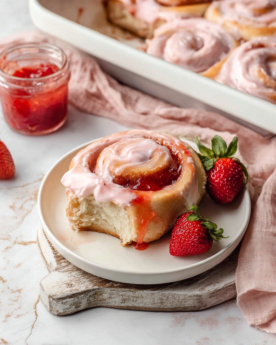 A white round plate holds a single cinnamon roll with three visible layers: a soft light brown dough spiral in the center, a thick layer of light pink frosting on top, and a spread of shiny red strawberry jam on one torn edge. A fresh half strawberry with green leaves sits next to the roll on the plate. In the background, there is a white baking tray with similar cinnamon rolls topped with the pink frosting, a small glass jar filled halfway with red jam, and a soft pink cloth underneath. The scene rests on a white marbled surface with a rustic wooden board partially visible under the plate photo taken with an iphone --ar 4:5 --v 7